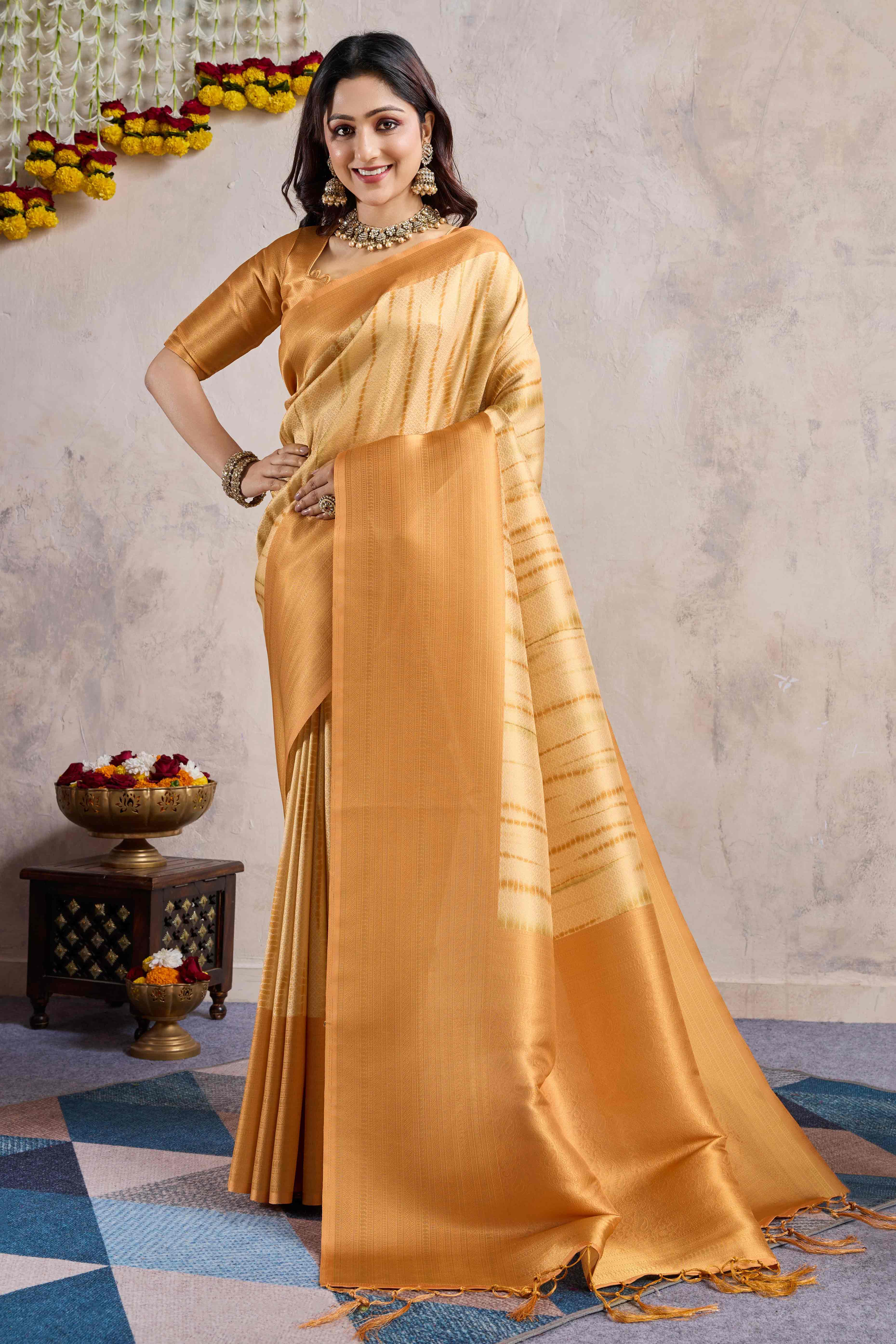 Orange Woven With Digital Printed Banarasi Silk Saree