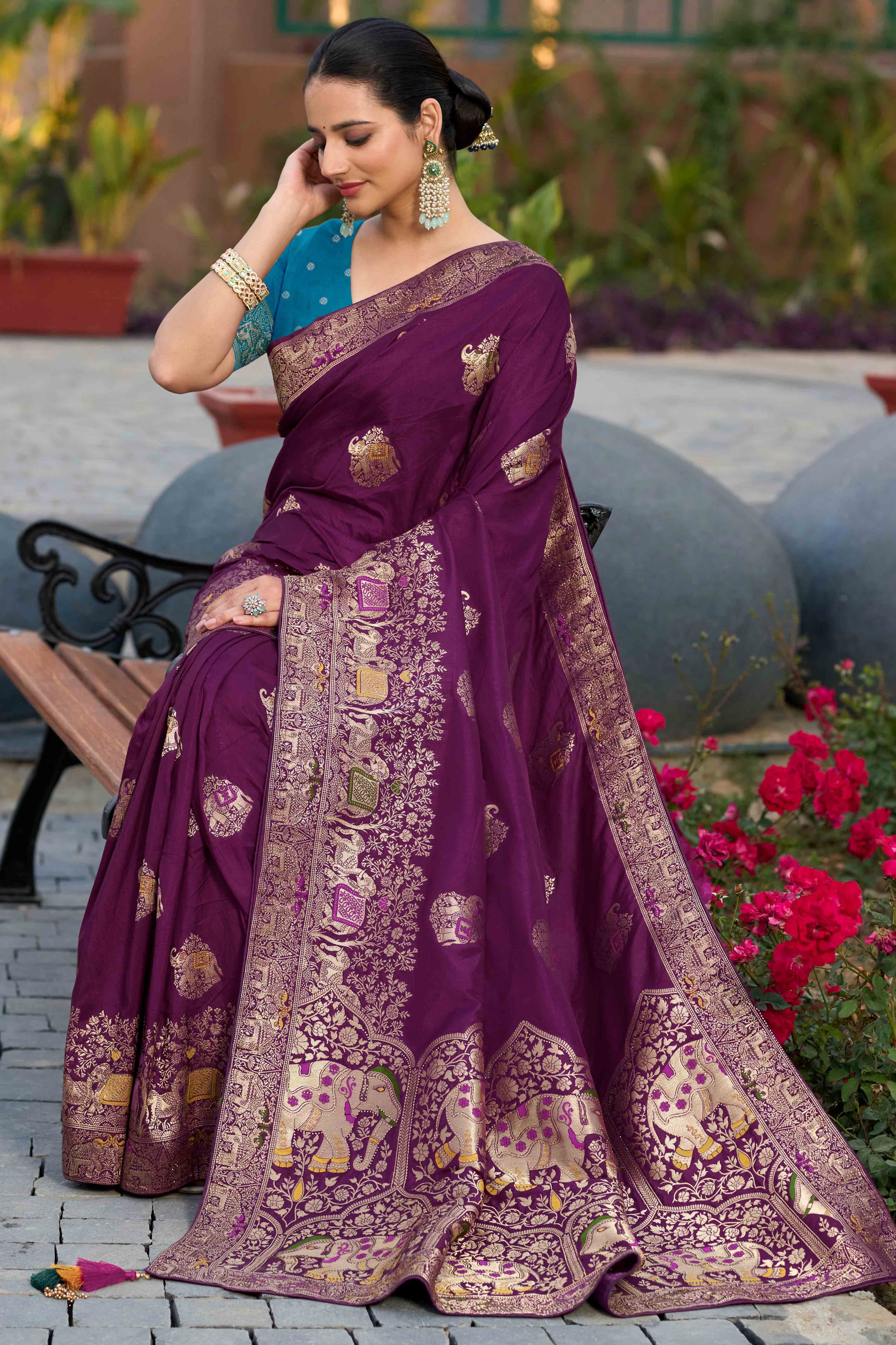 Wine Zari Woven Dola Silk Saree With Intricate Meenakari & Swarovski Embellishments