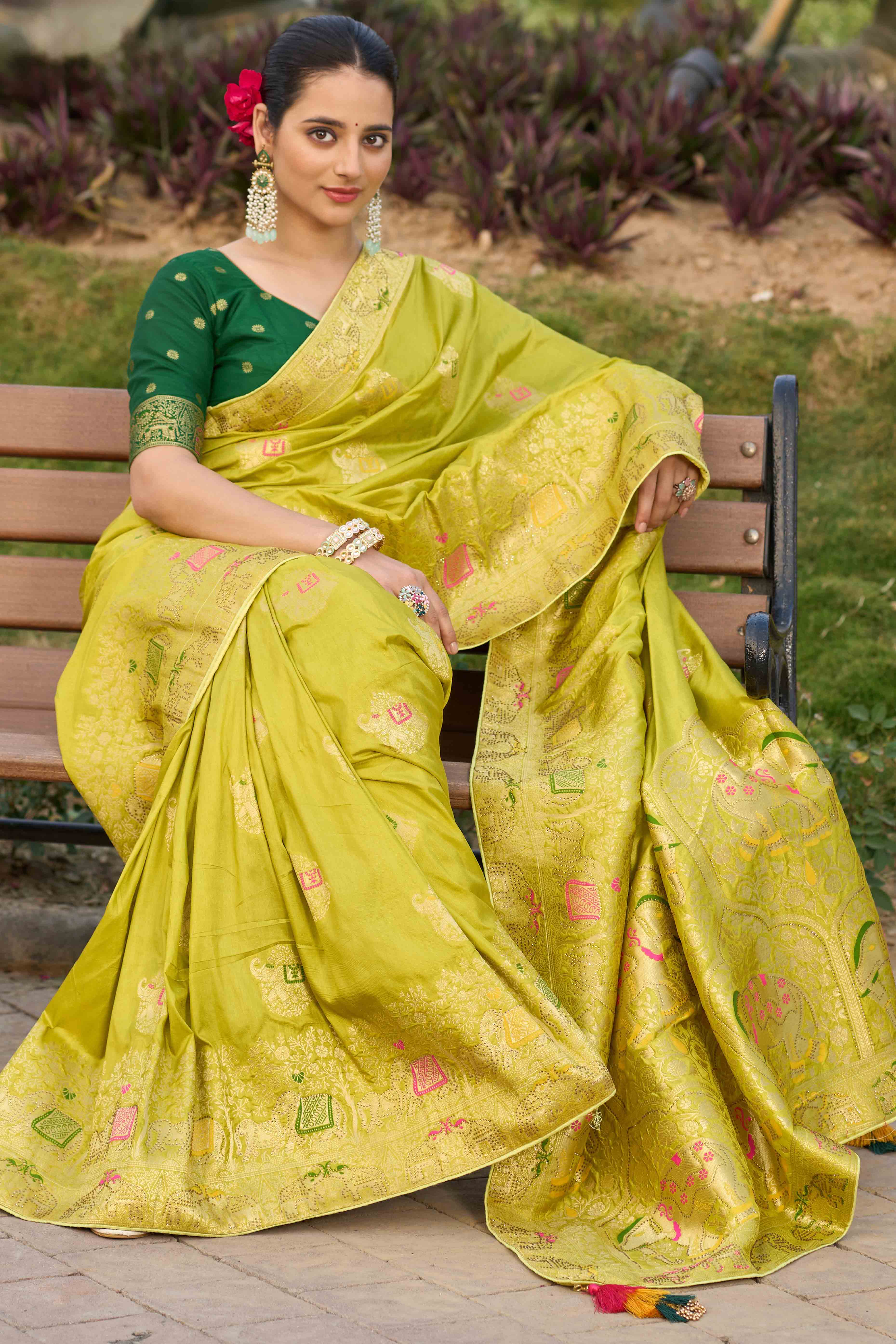 Green Zari Woven Dola Silk Saree With Intricate Meenakari & Swarovski Embellishments