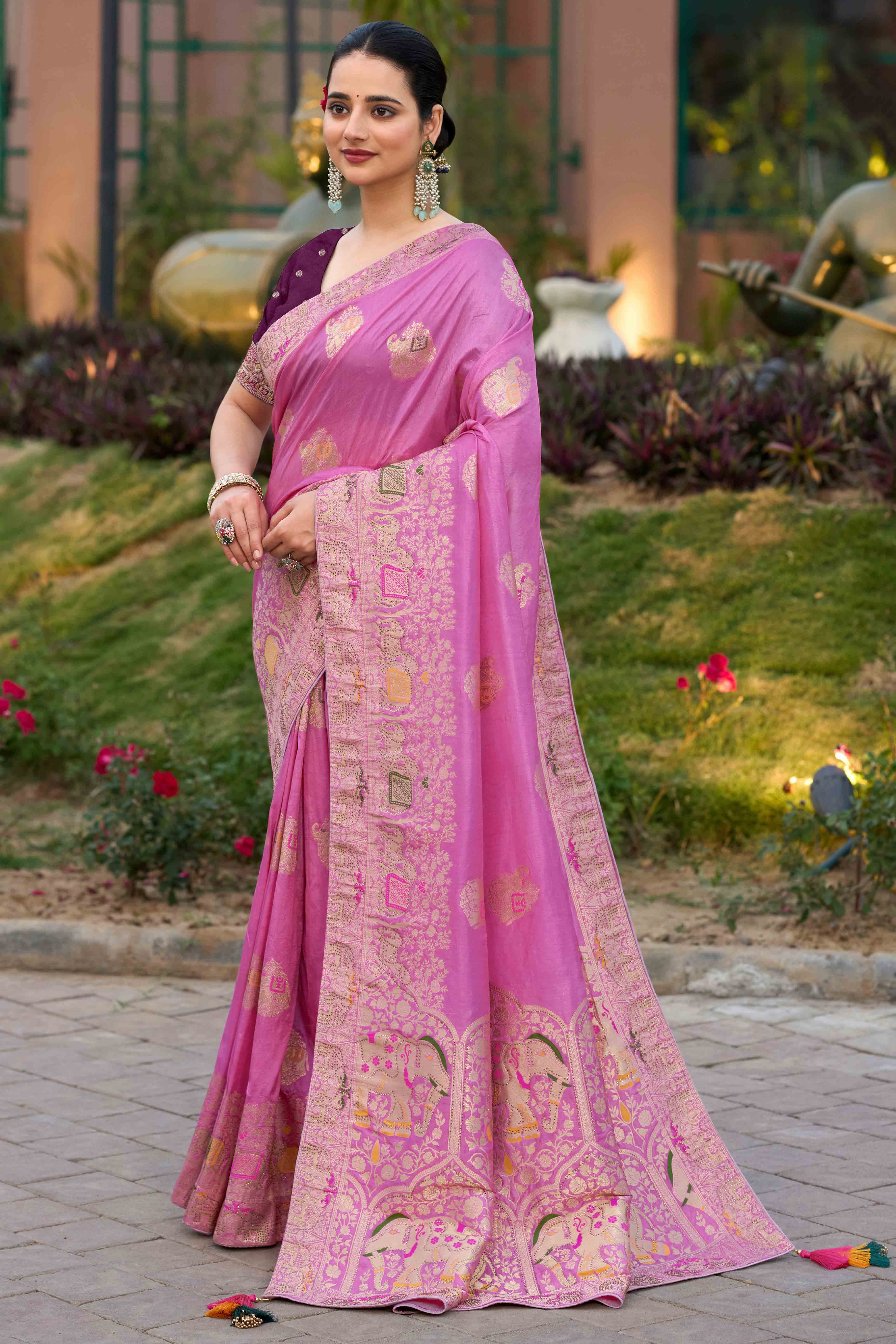 Pink Zari Woven Dola Silk Saree With Intricate Meenakari & Swarovski Embellishments