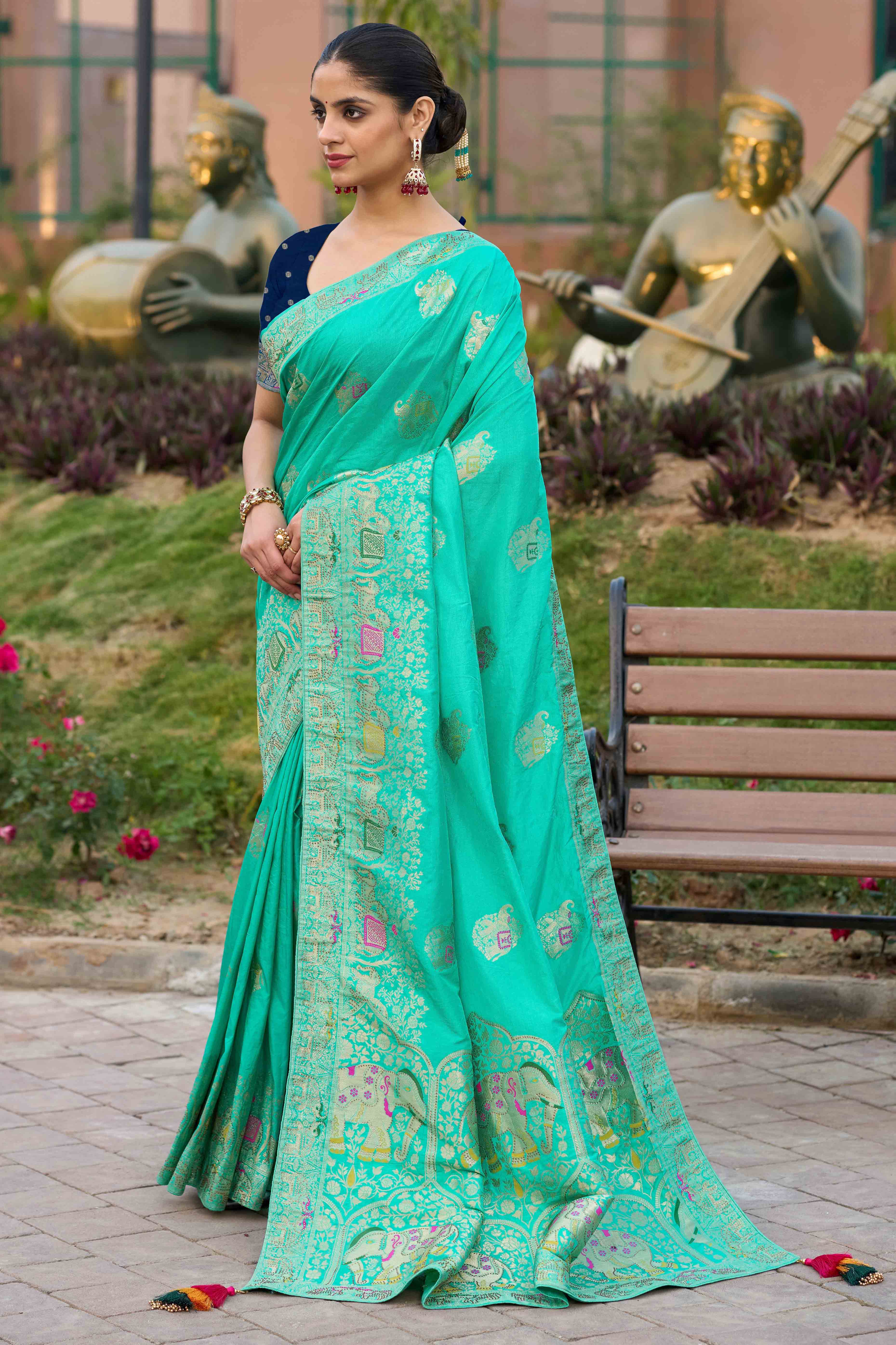 Turquoise Zari Woven Dola Silk Saree With Intricate Meenakari & Swarovski Embellishments