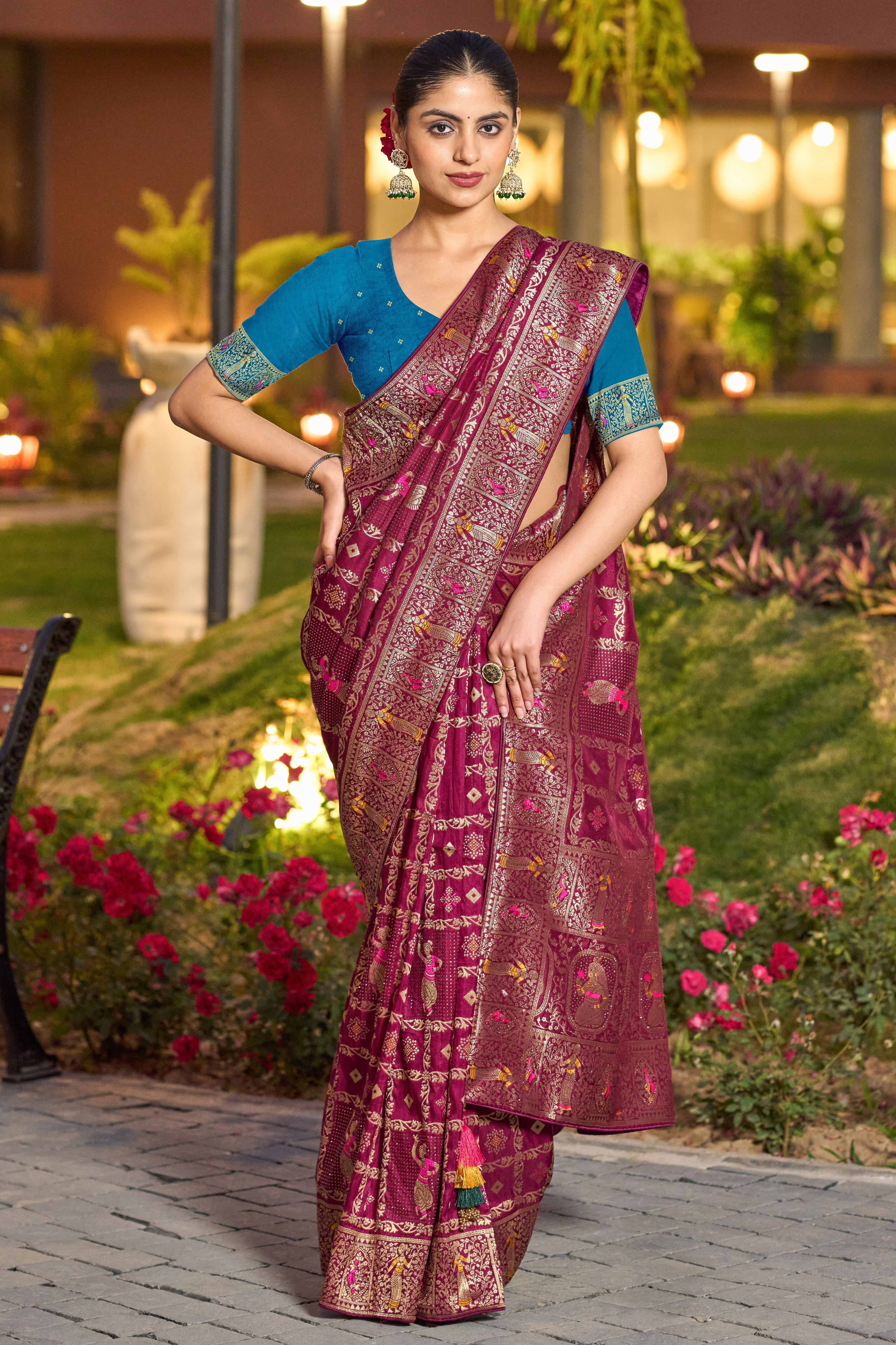 Burgundy Dola Silk Saree Featuring Intricate Gharchola Woven Design