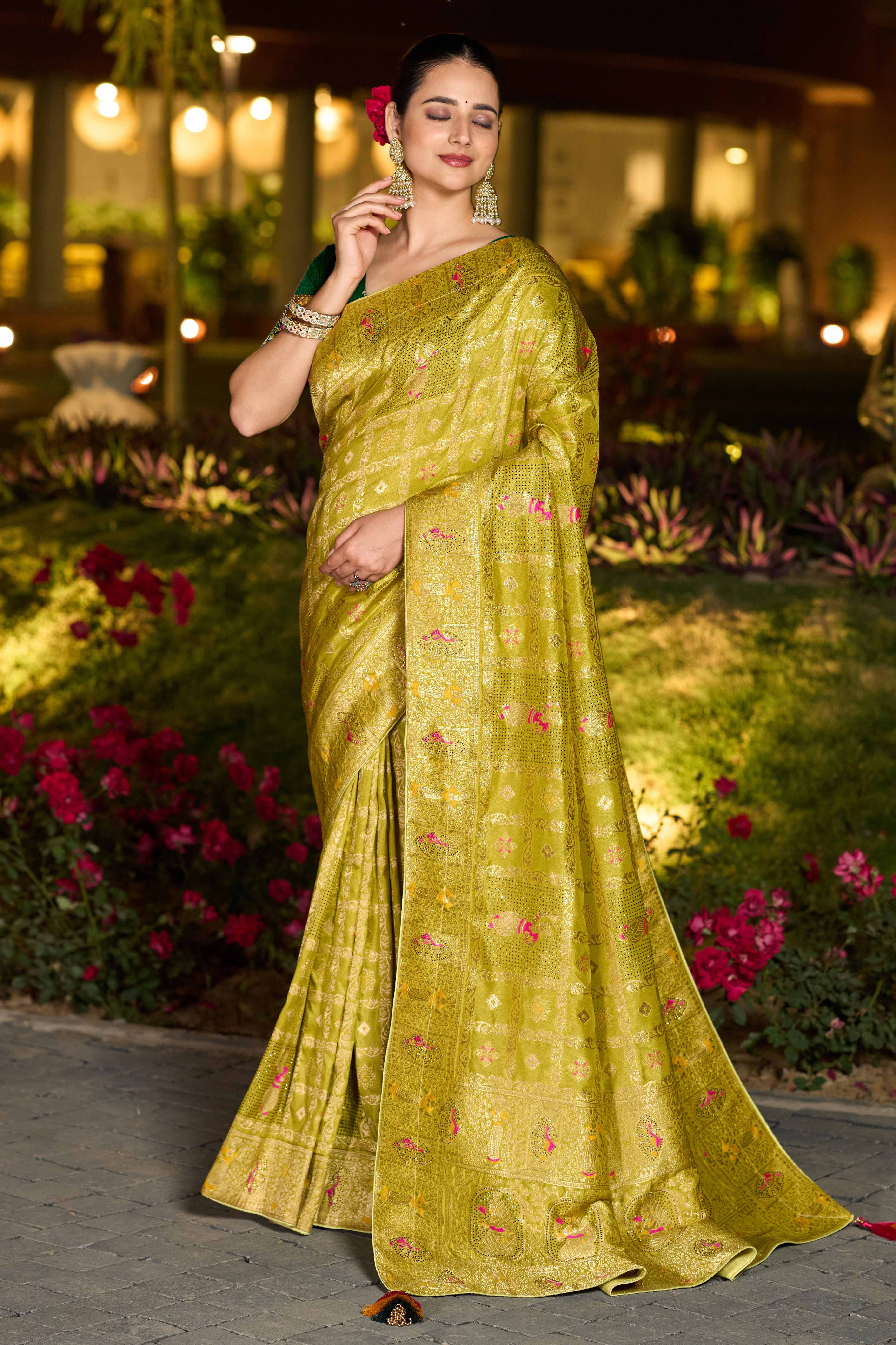Olive Dola Silk Saree Featuring Intricate Gharchola Woven Design