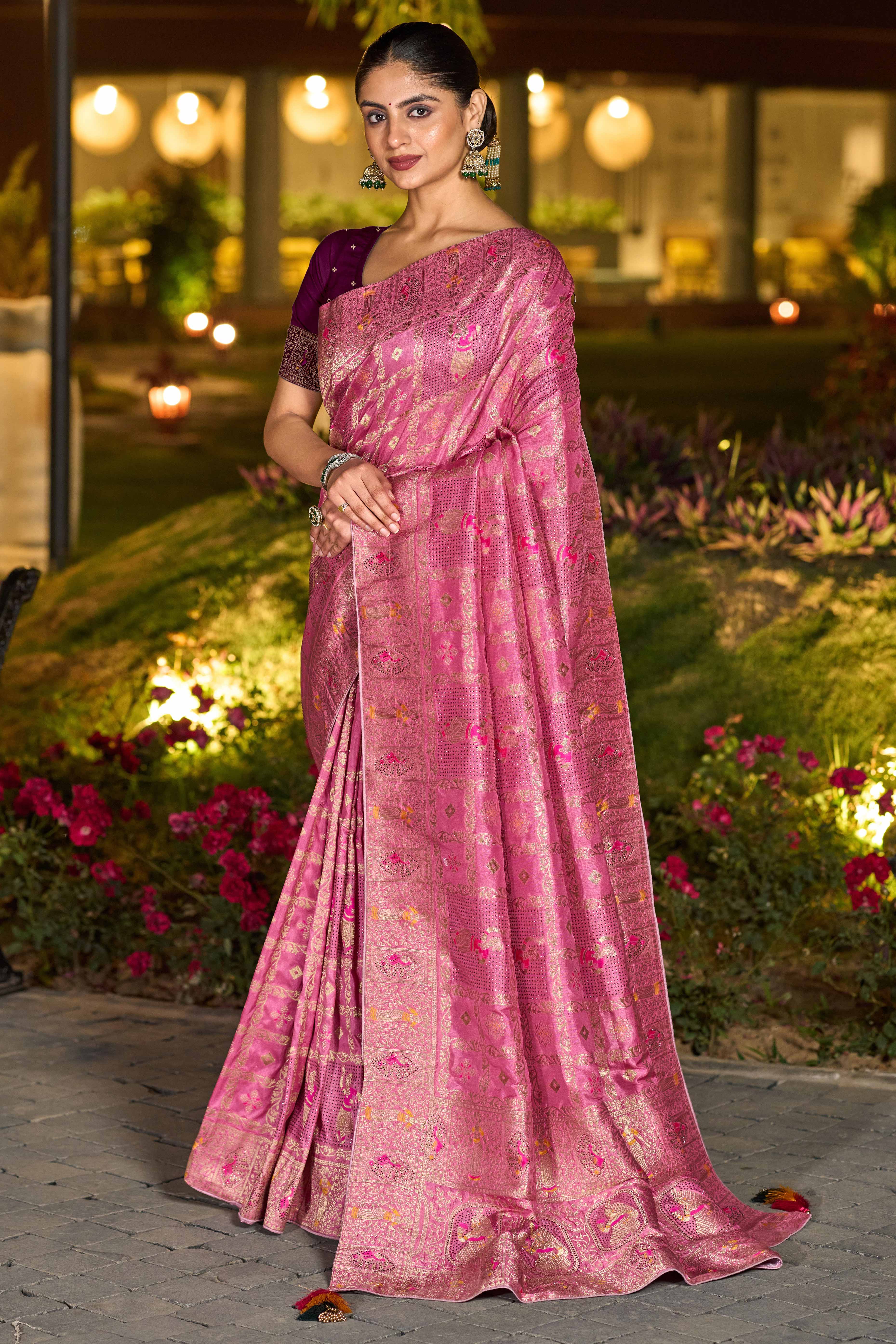 Dusty Pink Dola Silk Saree Featuring Intricate Gharchola Woven Design