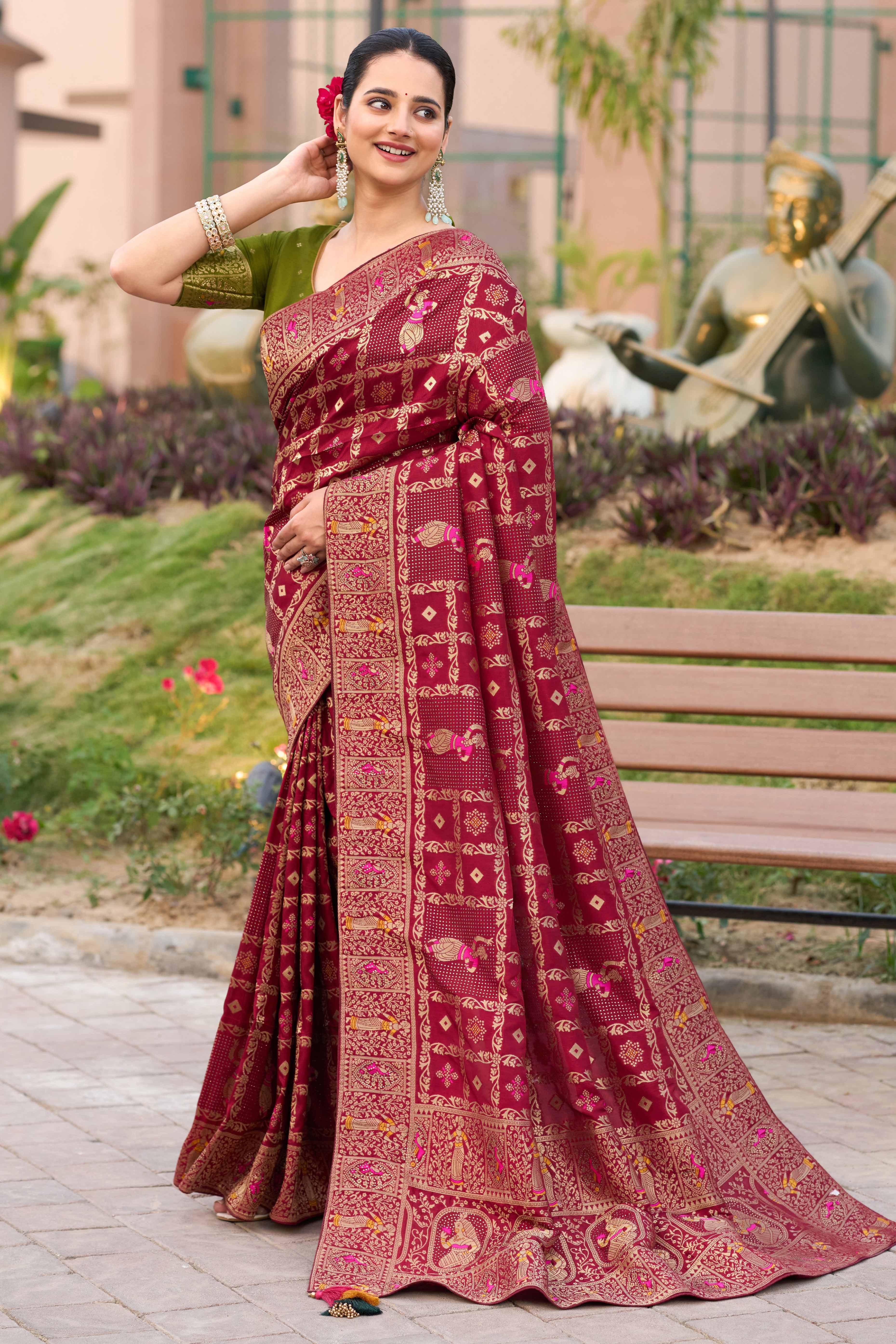 Wine Dola Silk Saree Featuring Intricate Gharchola Woven Design