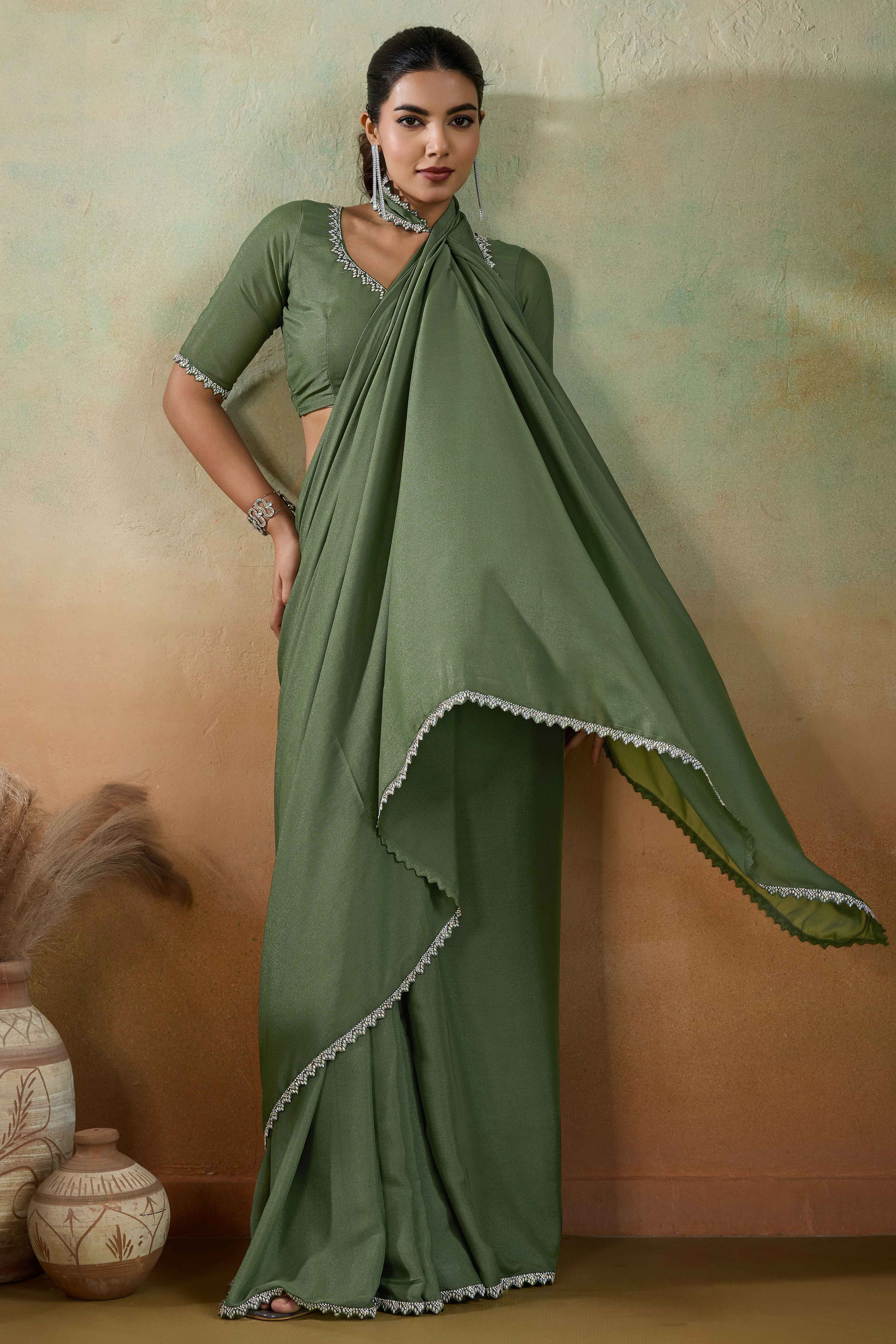 Green Solid Matt Georgette Saree With Ceramic Embellished Lace Border