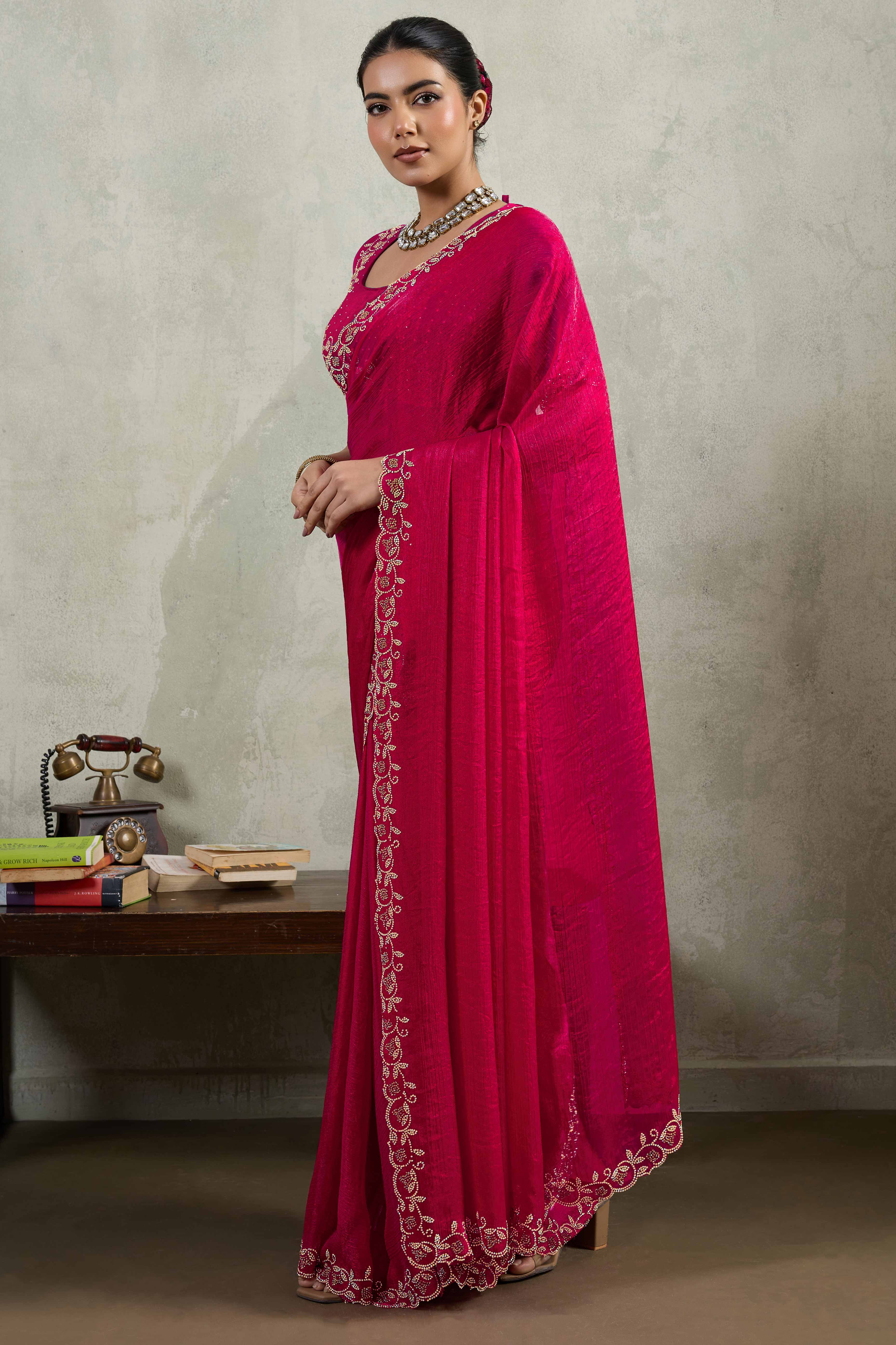 Pink Velvet Chiffon Saree Accented with Sparkling Zarkan Detailing