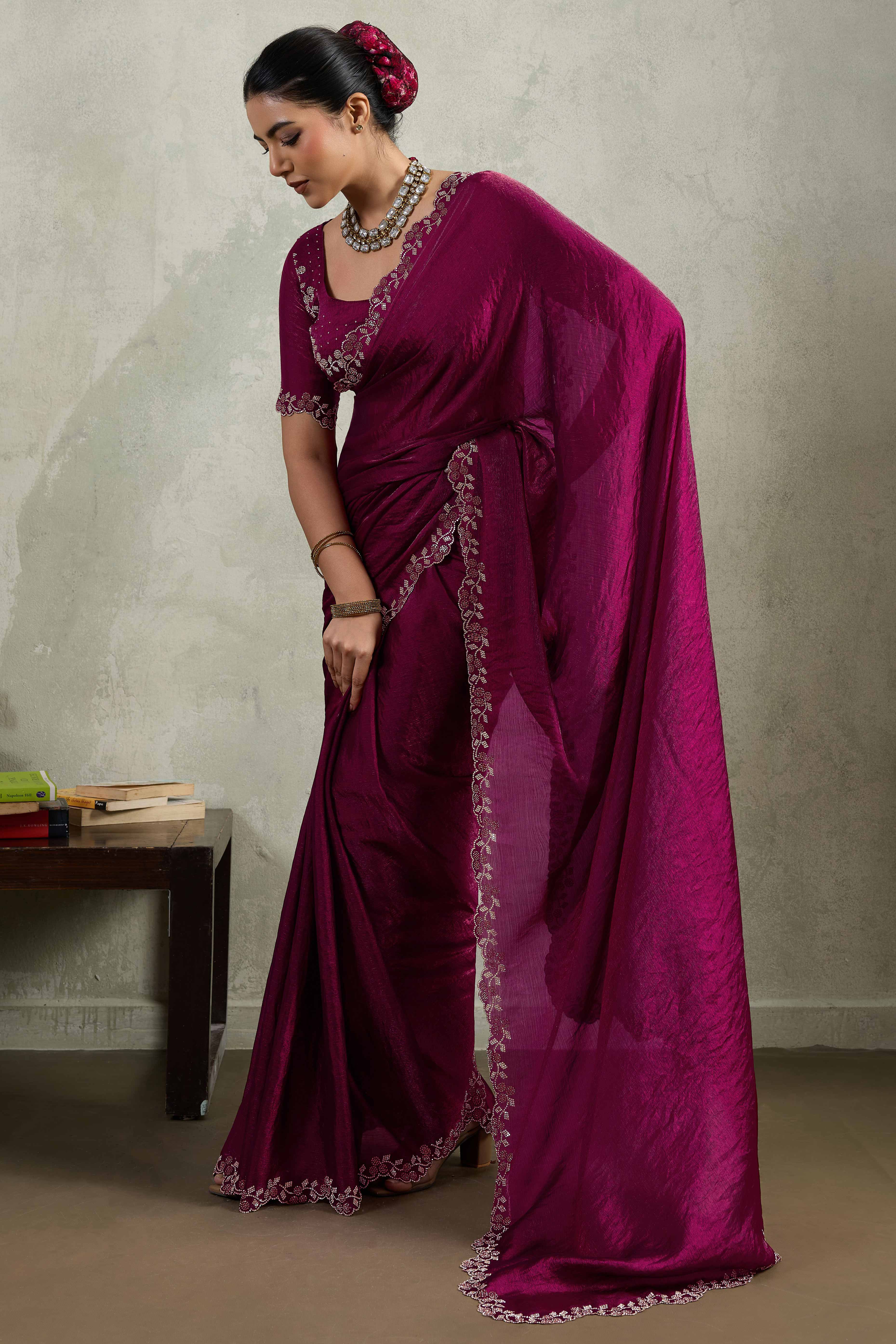 Wine Velvet Chiffon Saree Accented with Sparkling Zarkan Detailing