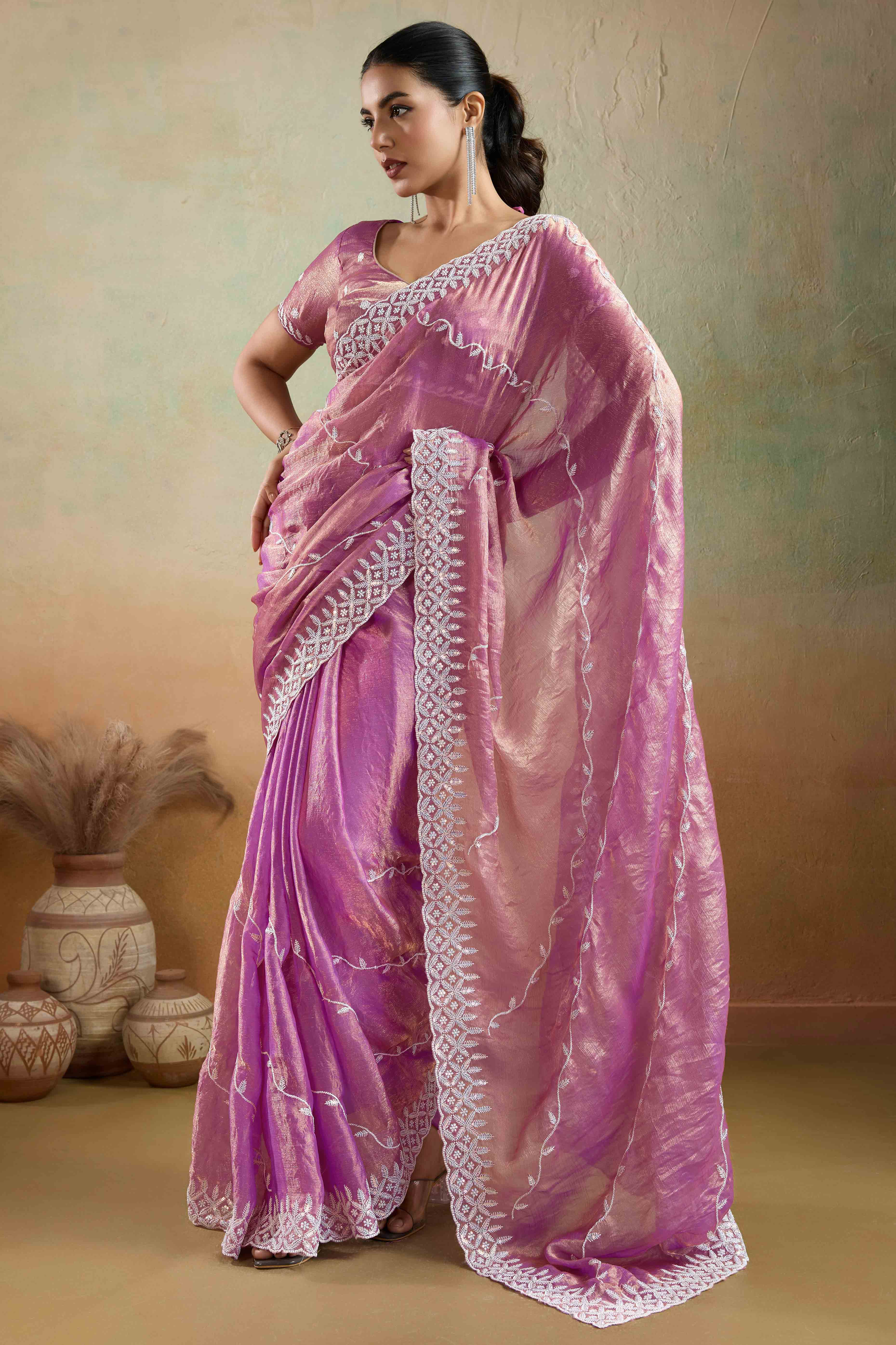 Pink Chiffon Saree with Rich Velvet Accents & Thread Detailing
