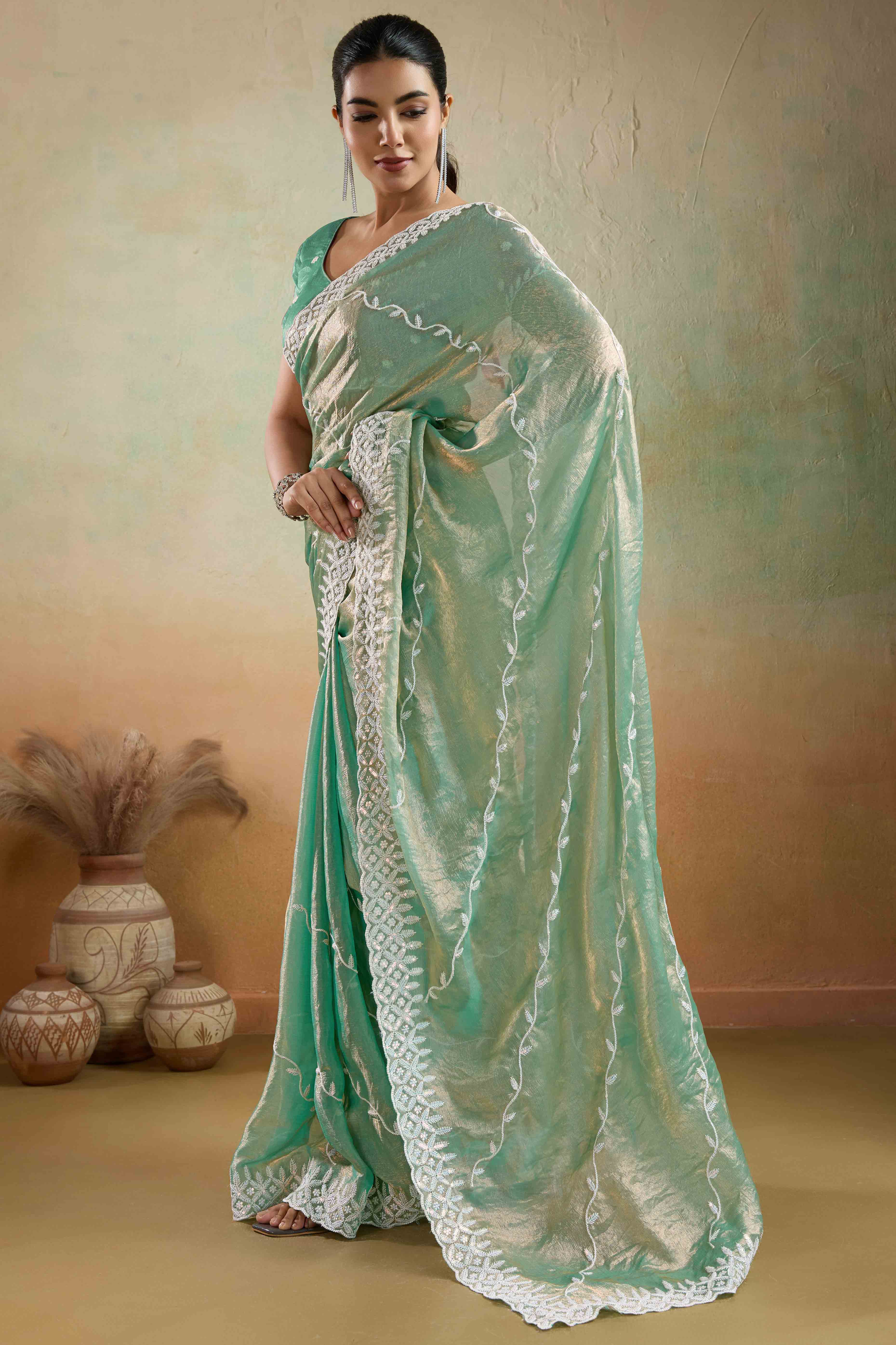 Sea Green Chiffon Saree with Rich Velvet Accents & Thread Detailing