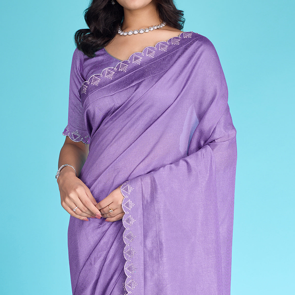 Lavender Solid With Zarkan & Pearl Diamond Lace Khadi Shimmer Saree