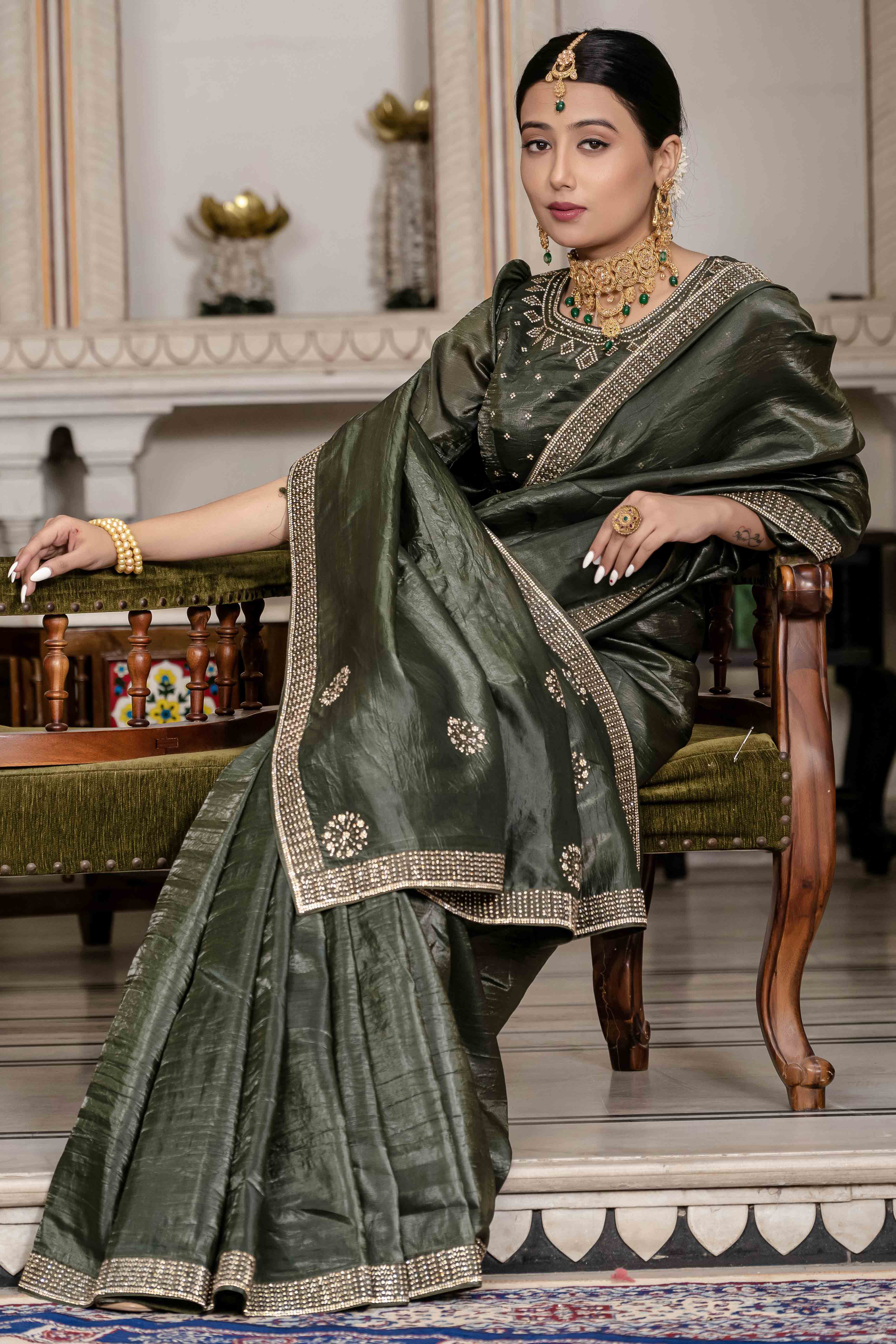 Green Tissue Gold Crush Saree With Exquisite Cutdana & Zarkan Hand Embellishment