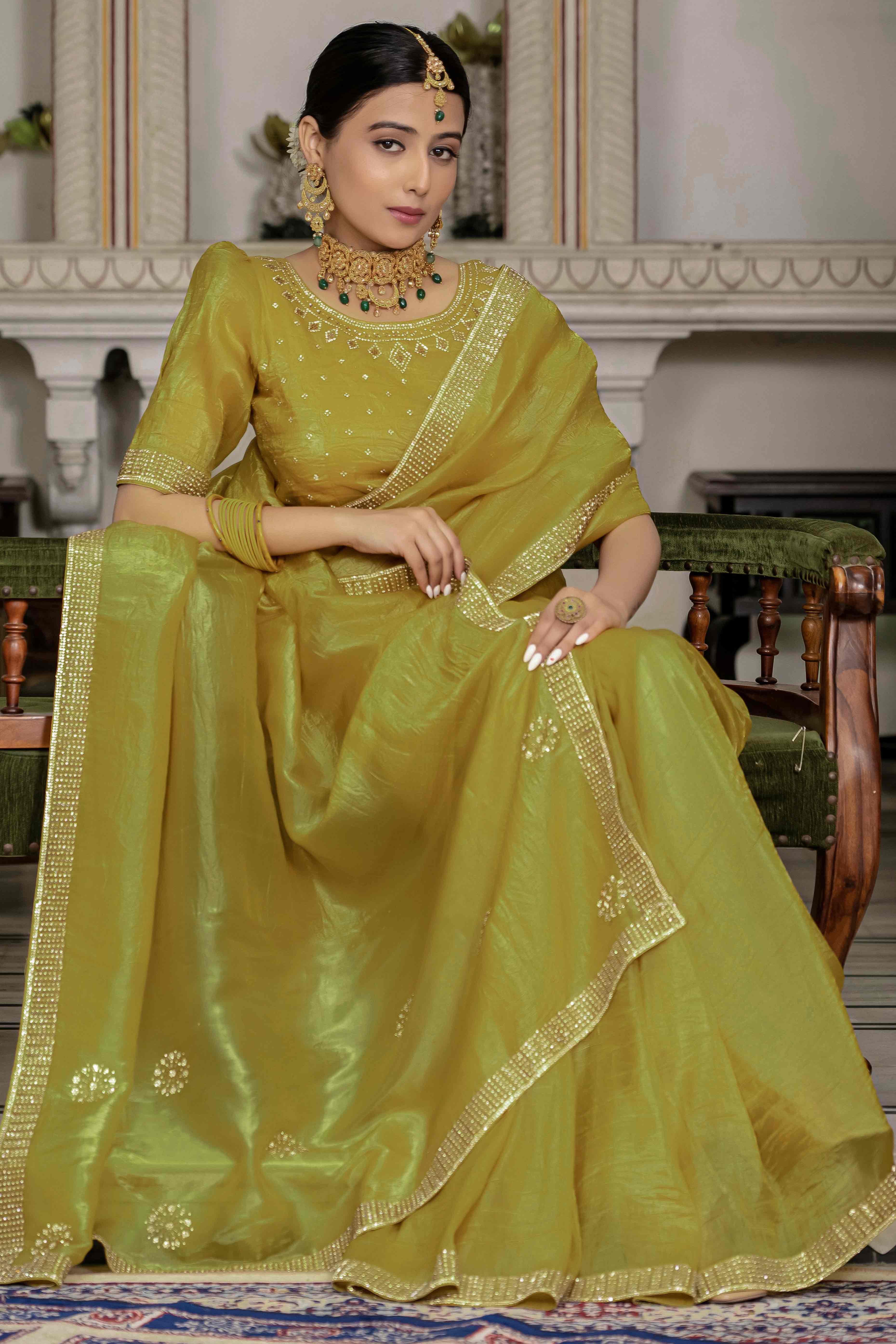 Mustard Tissue Gold Crush Saree With Exquisite Cutdana & Zarkan Hand Embellishment