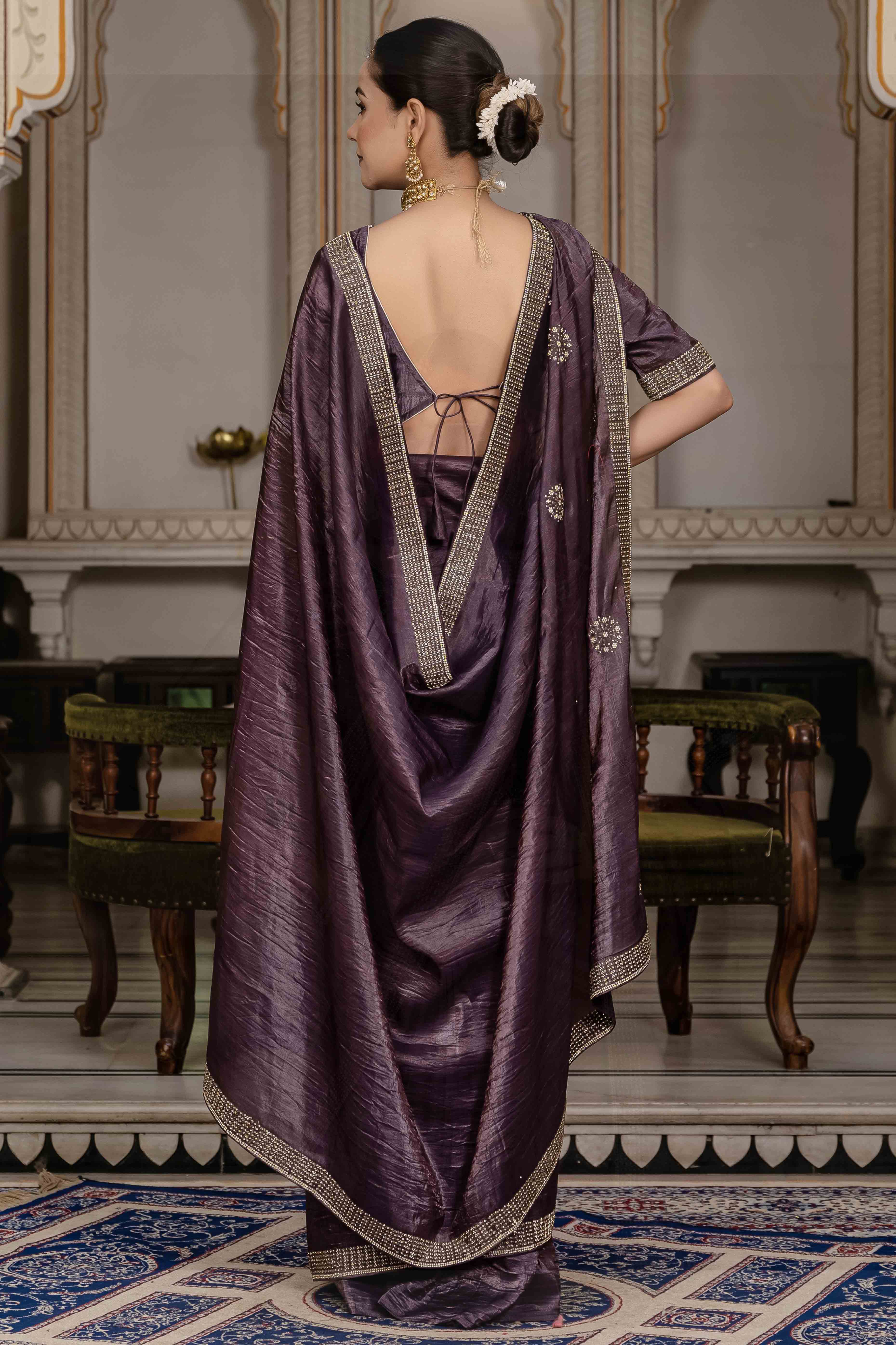 Purple Tissue Gold Crush Saree With Exquisite Cutdana & Zarkan Hand Embellishment