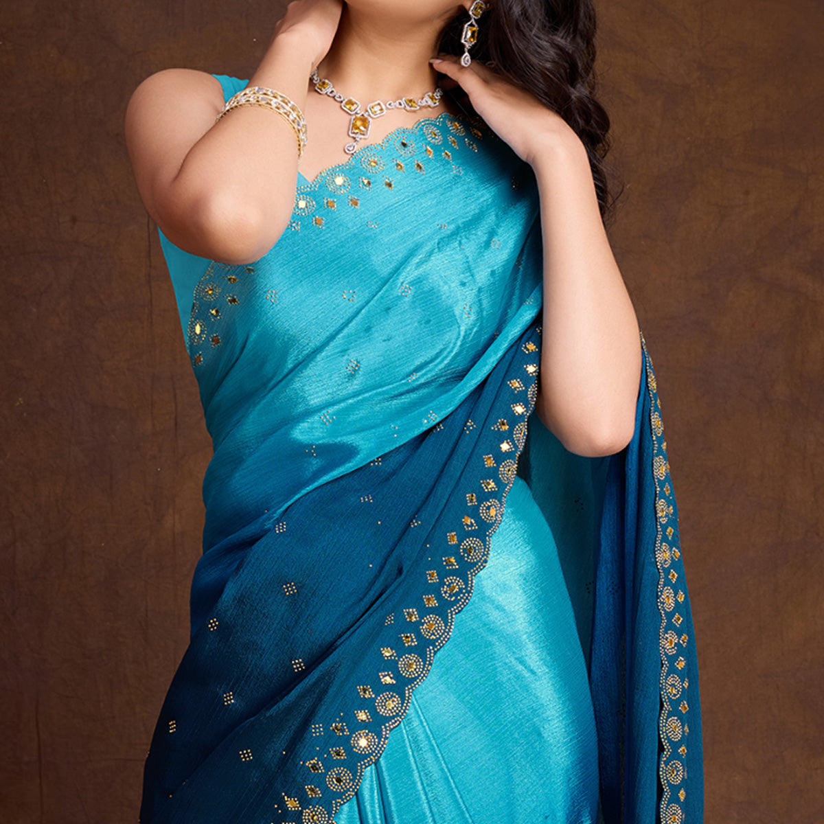 Blue Ombre Chinon Saree With Mirror Border