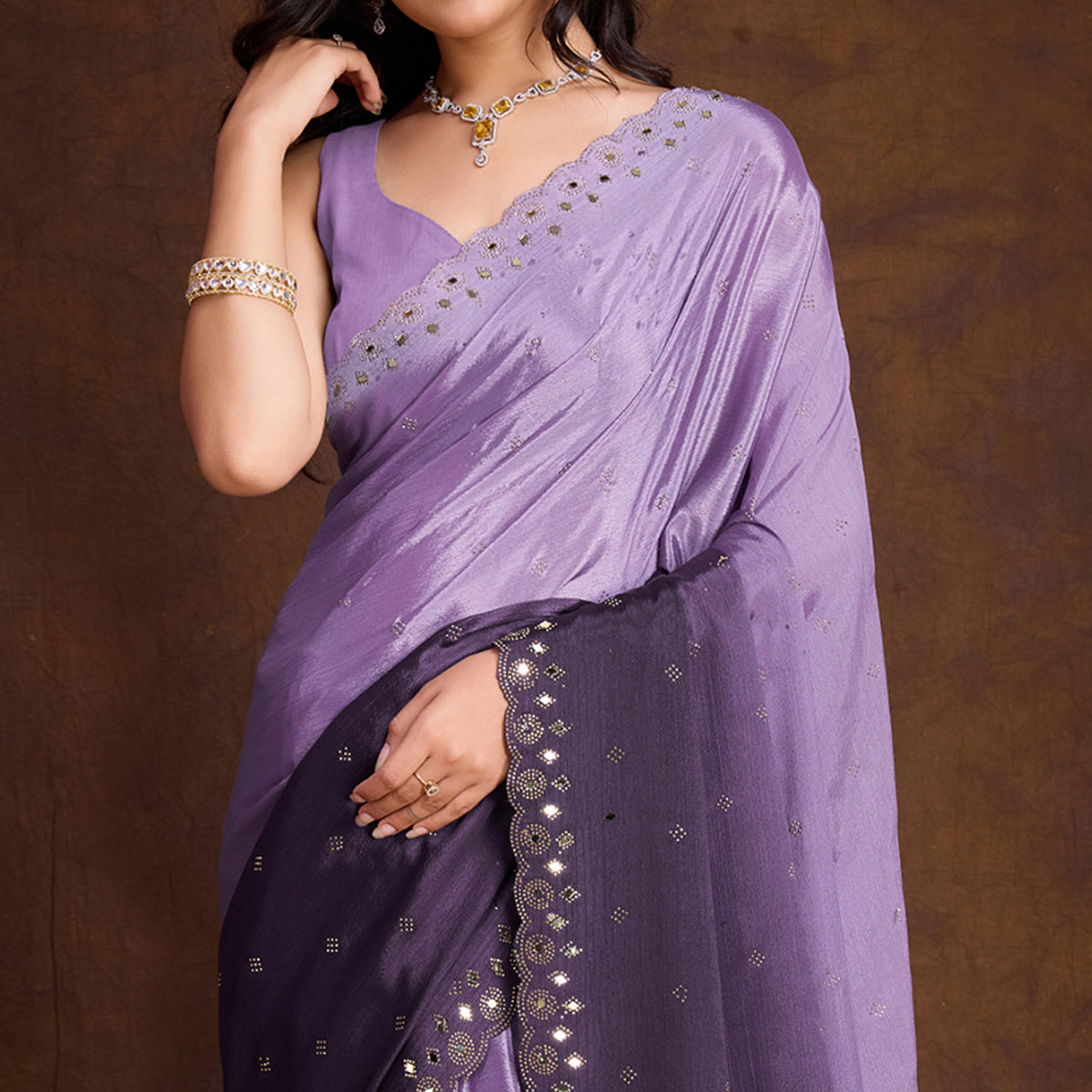 Lavender Ombre Chinon Saree With Mirror Border