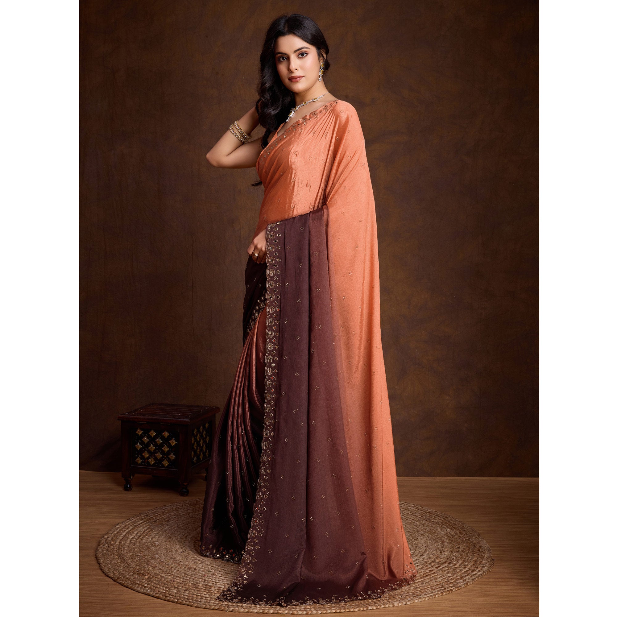 Orange & Brown Ombre Chinon Saree With Mirror Border