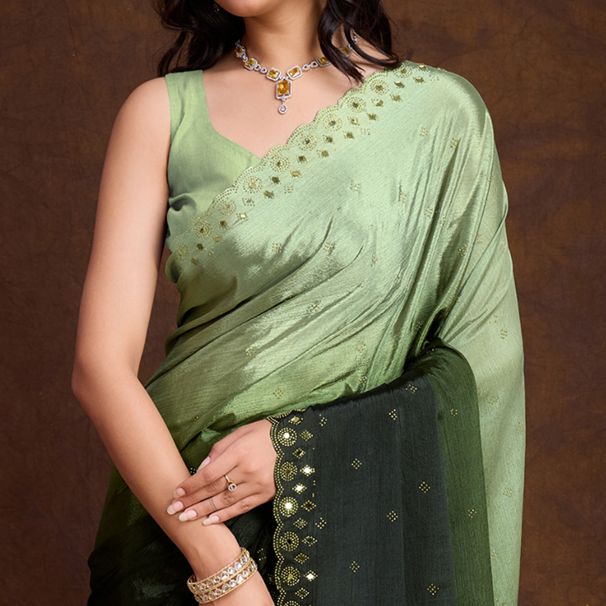 Green Ombre Chinon Saree With Mirror Border