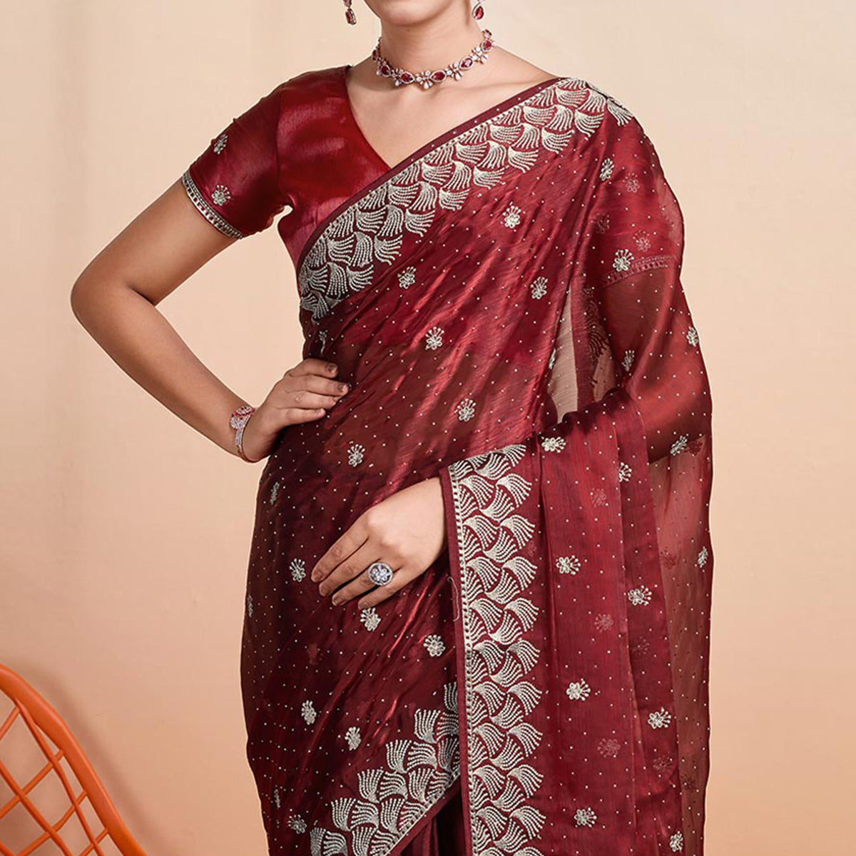 Wine Embroidered Tussar Silk Saree