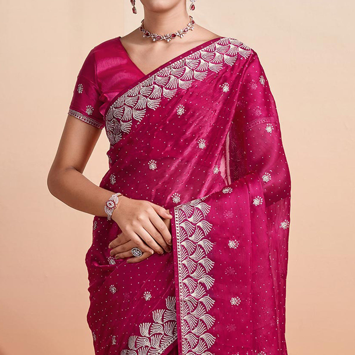 Pink Embroidered Tussar Silk Saree