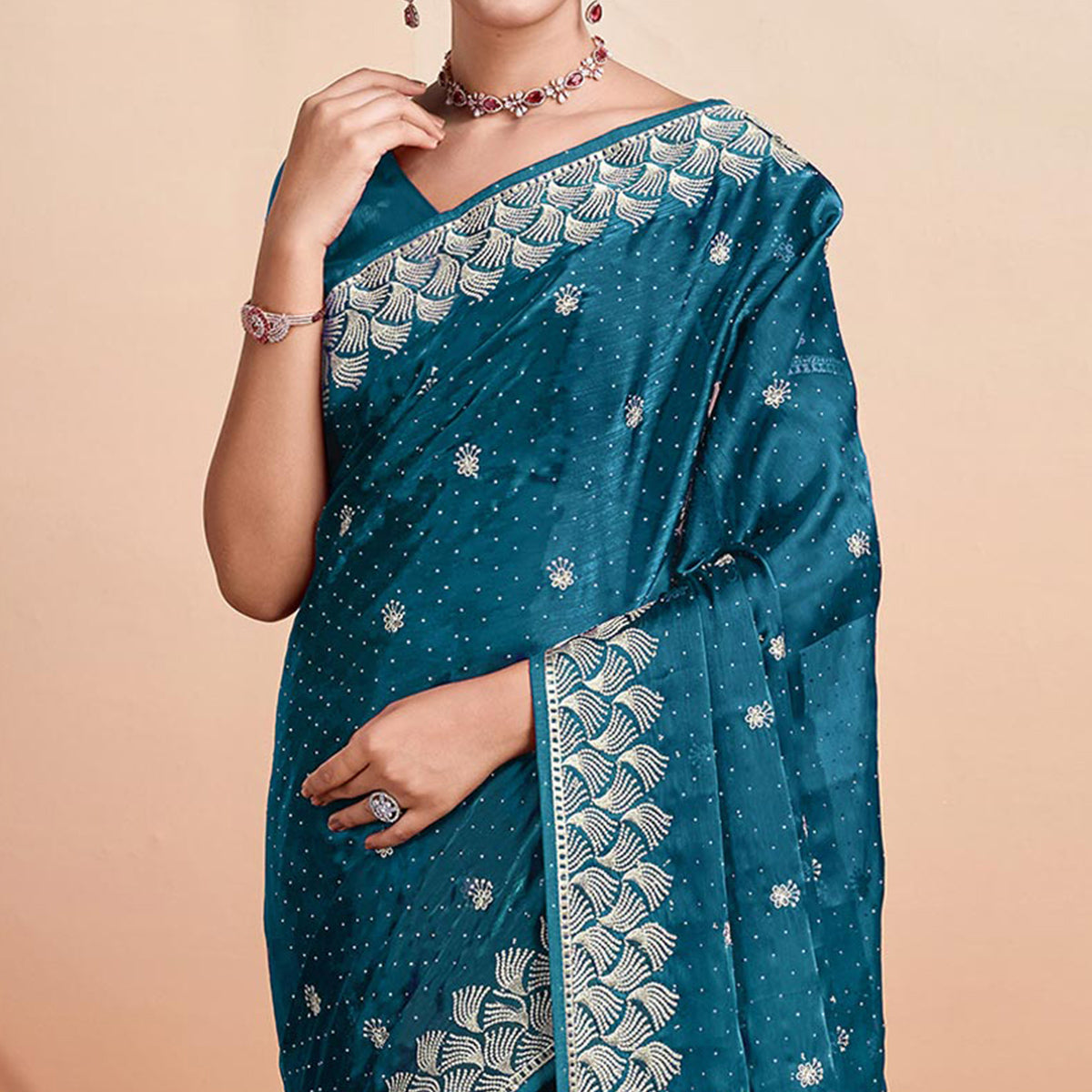 Teal Embroidered Tussar Silk Saree