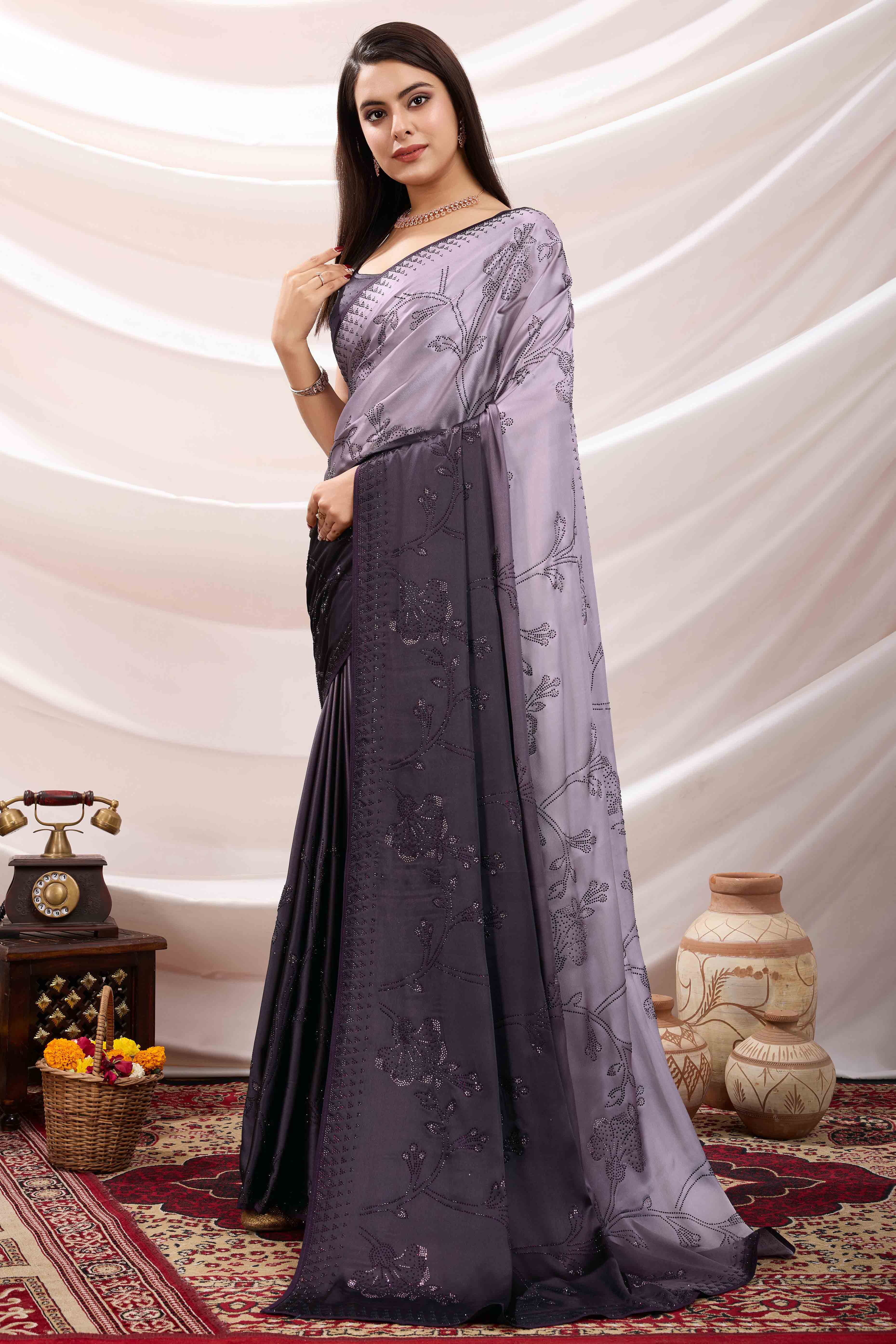 Purple Floral Swarovski Work Satin Saree