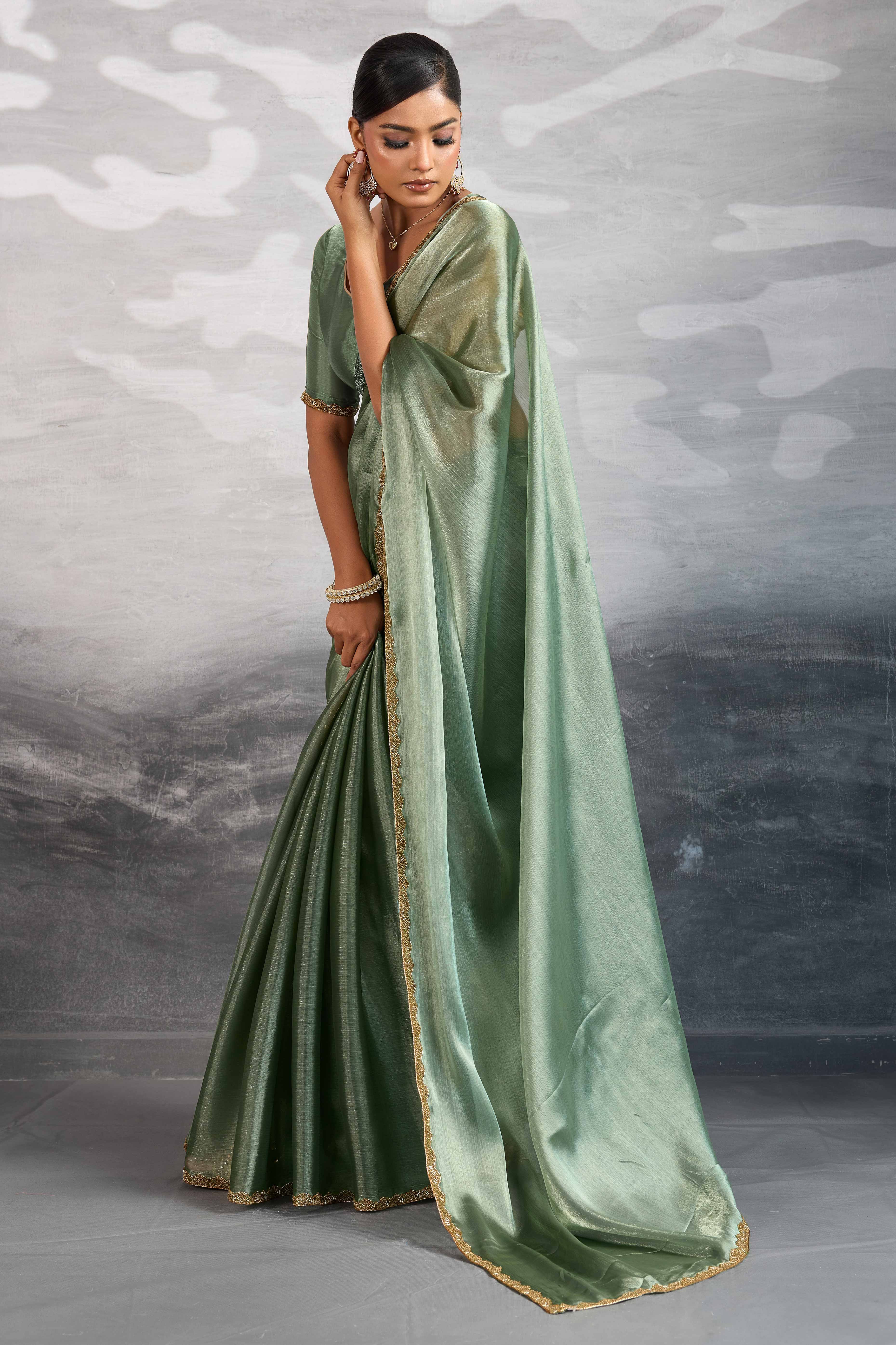 Solid Sage Green Chiffon Saree Featuring Beads Embellished Border