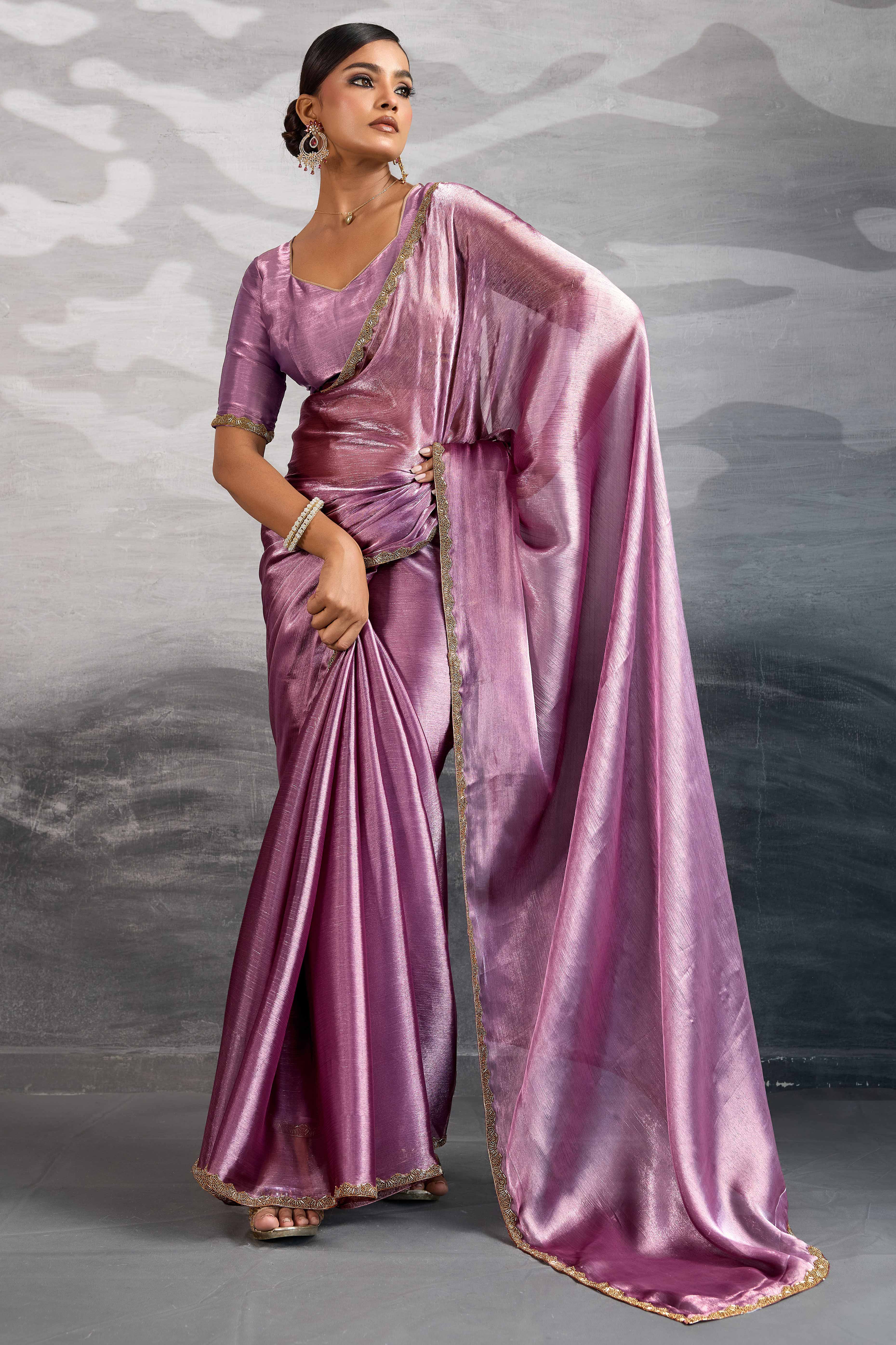Solid Lilac Purple Chiffon Saree Featuring Beads Embellished Border