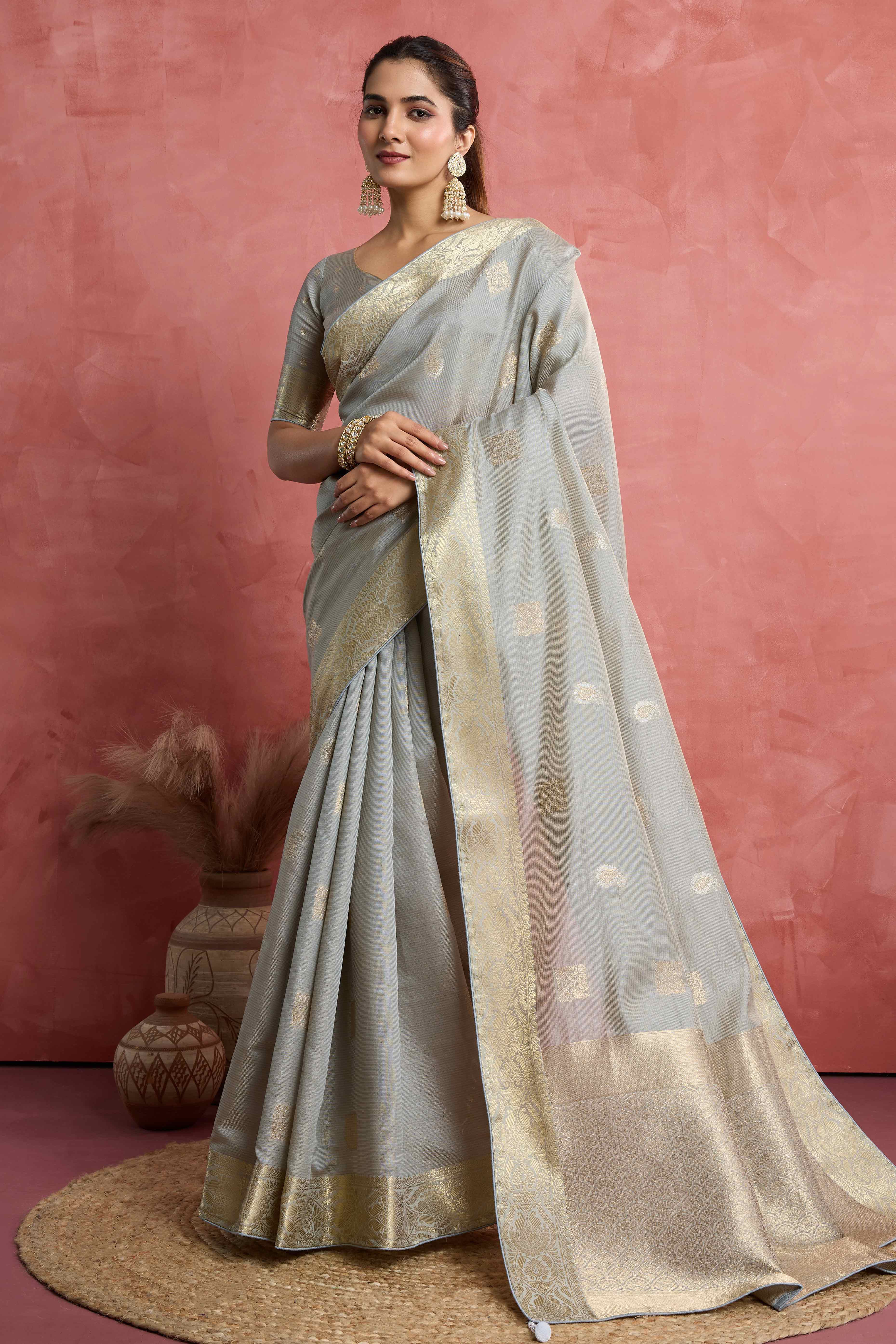 Contemporary Grey Silk Blend Saree Flaunting Alternate Buttas With Piping & Tassel Accents