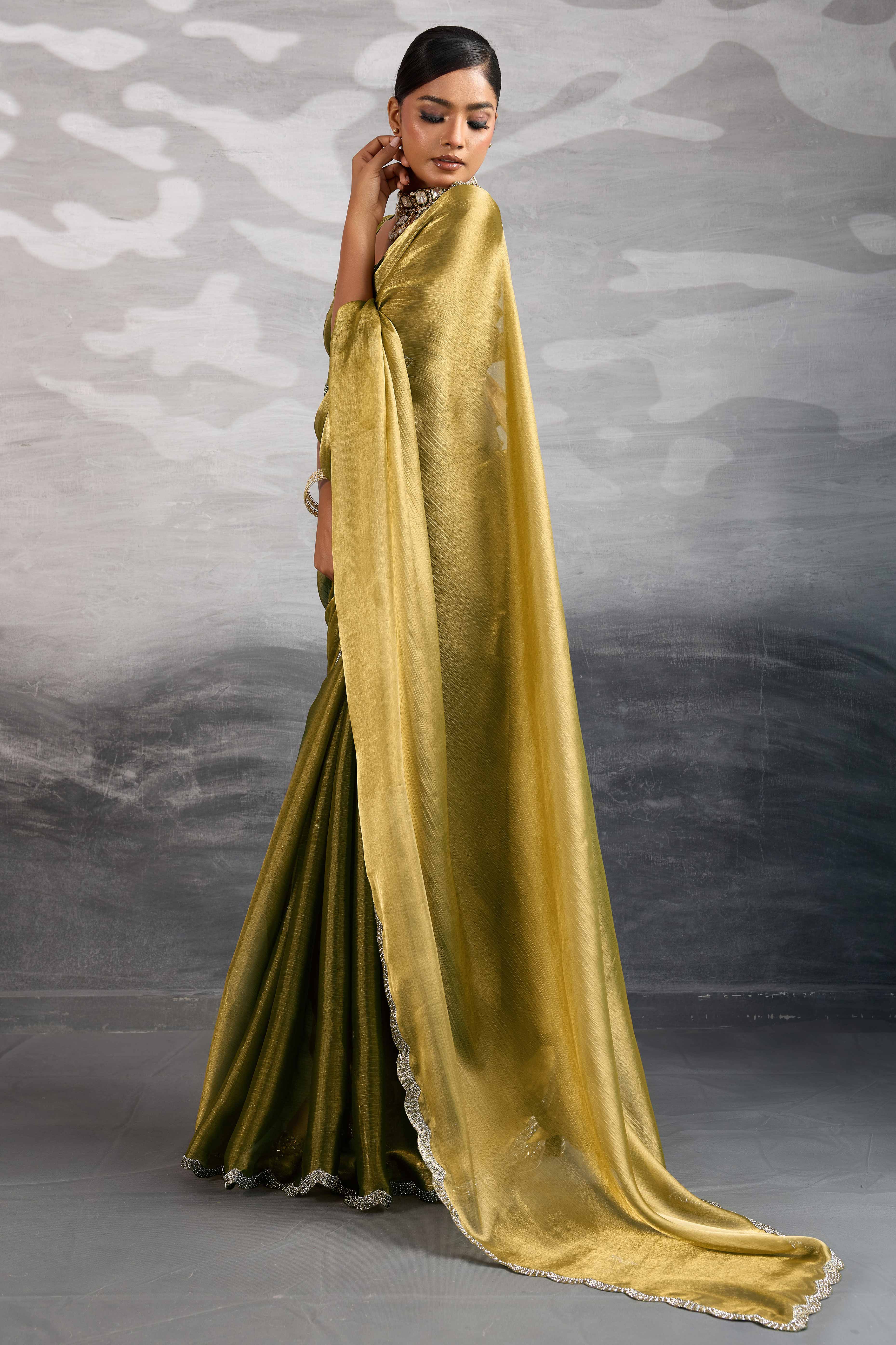 Gold Burberry Chiffon Saree Embellished With Zarkan & Cutdana Appliqué Lace Border