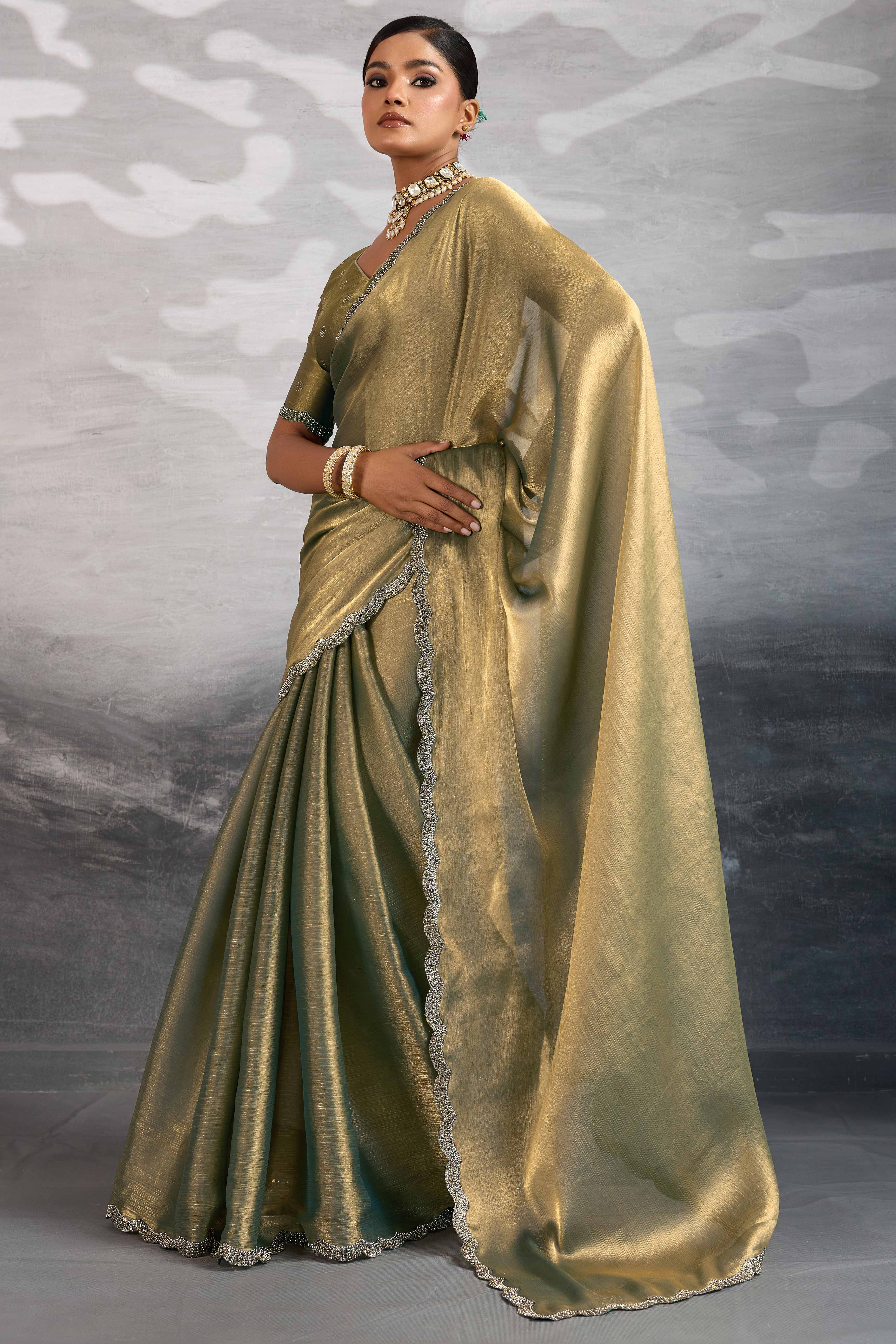 Grey Burberry Chiffon Saree Embellished With Zarkan & Cutdana Appliqué Lace Border