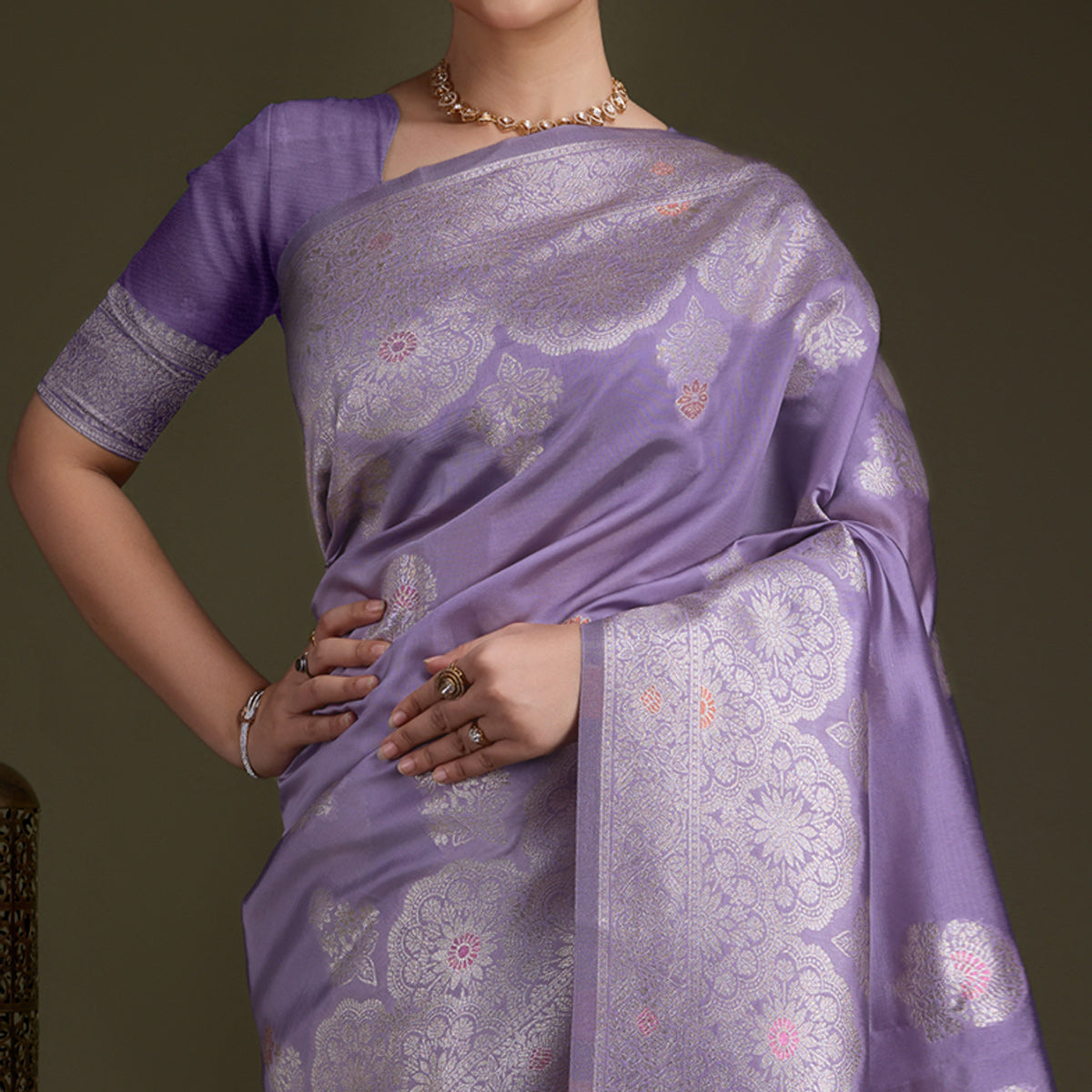 Lavender Floral Design Woven Banarasi Silk Saree