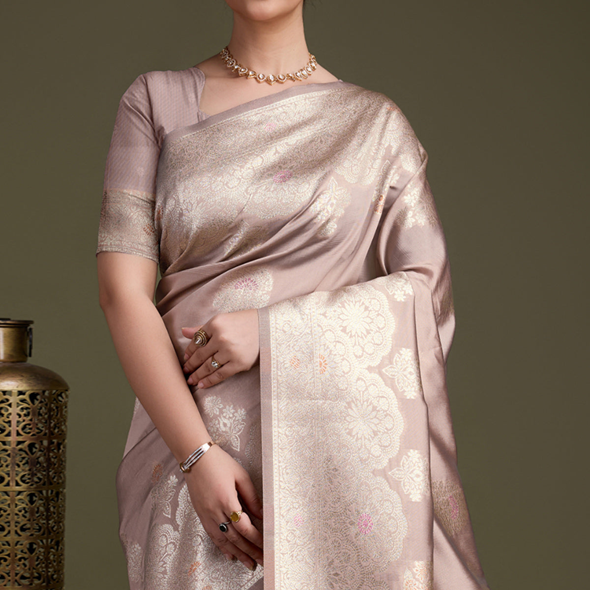 Beige Floral Design Woven Banarasi Silk Saree