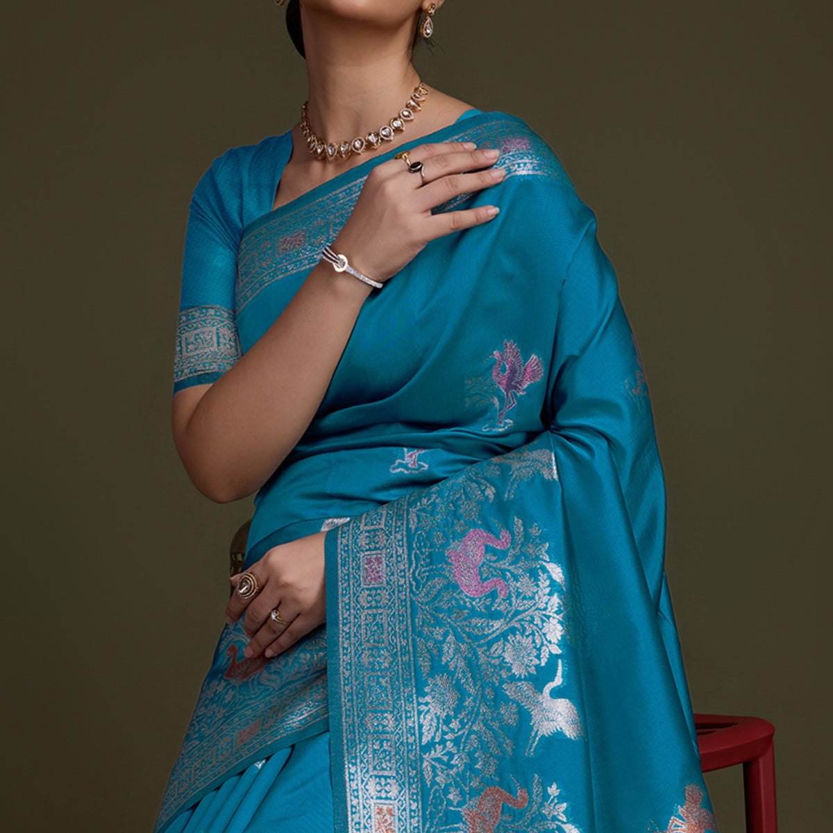 Blue Floral Design Woven Banarasi Silk Saree