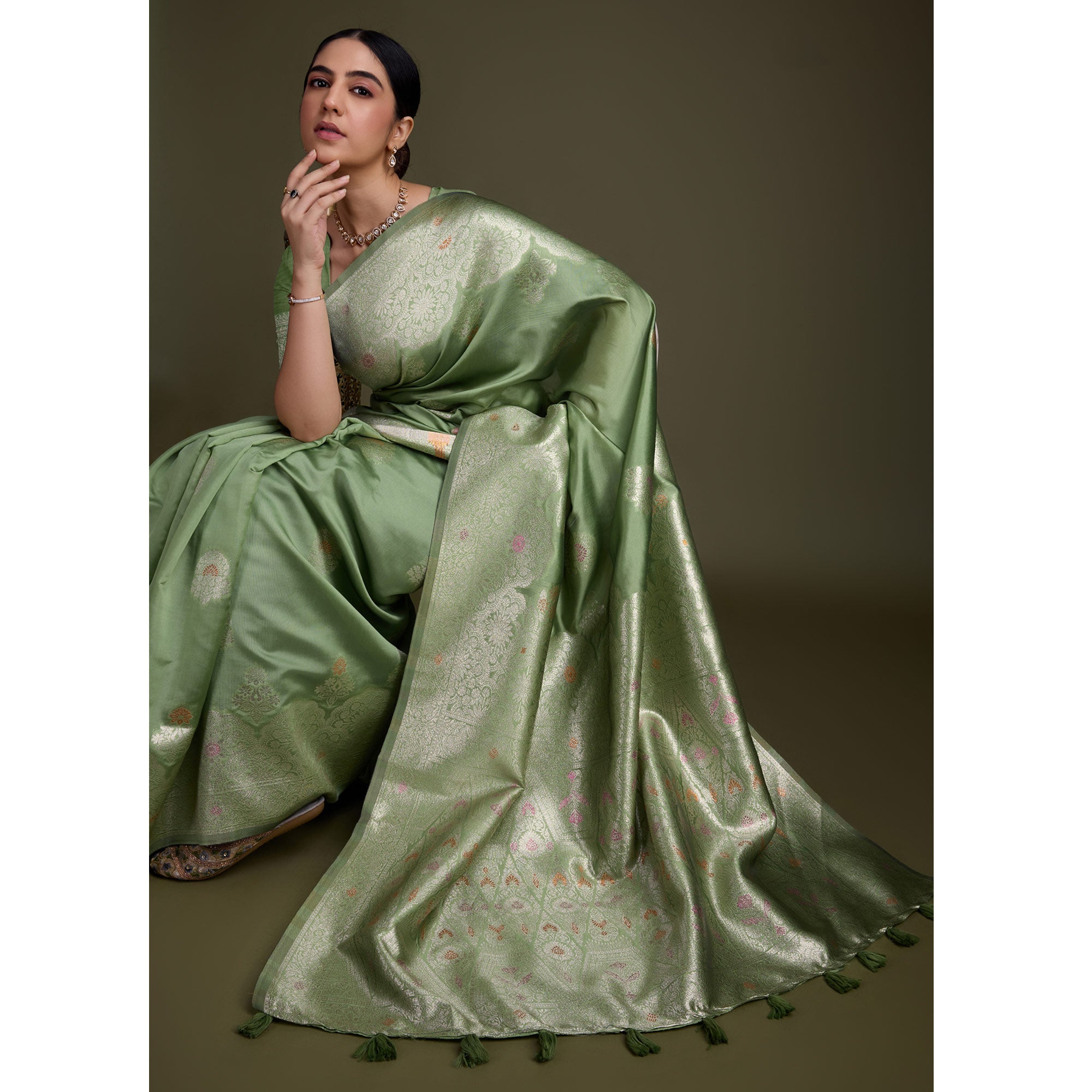 Dusty Green Floral Design Woven Banarasi Silk Saree