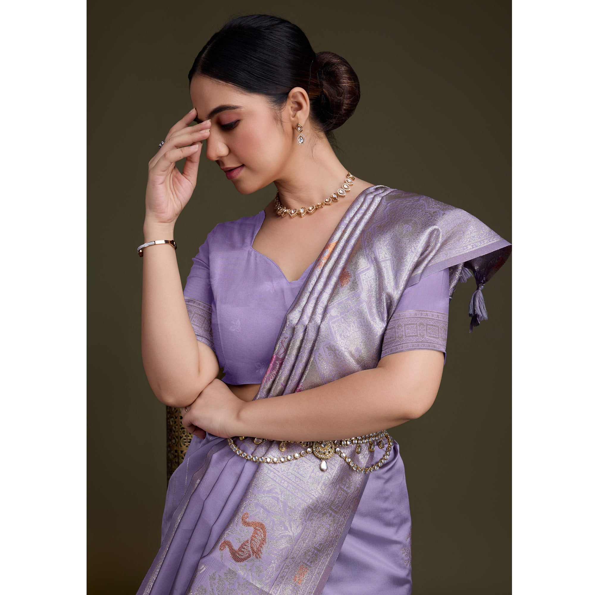 Light Purple Floral Design Woven Banarasi Silk Saree