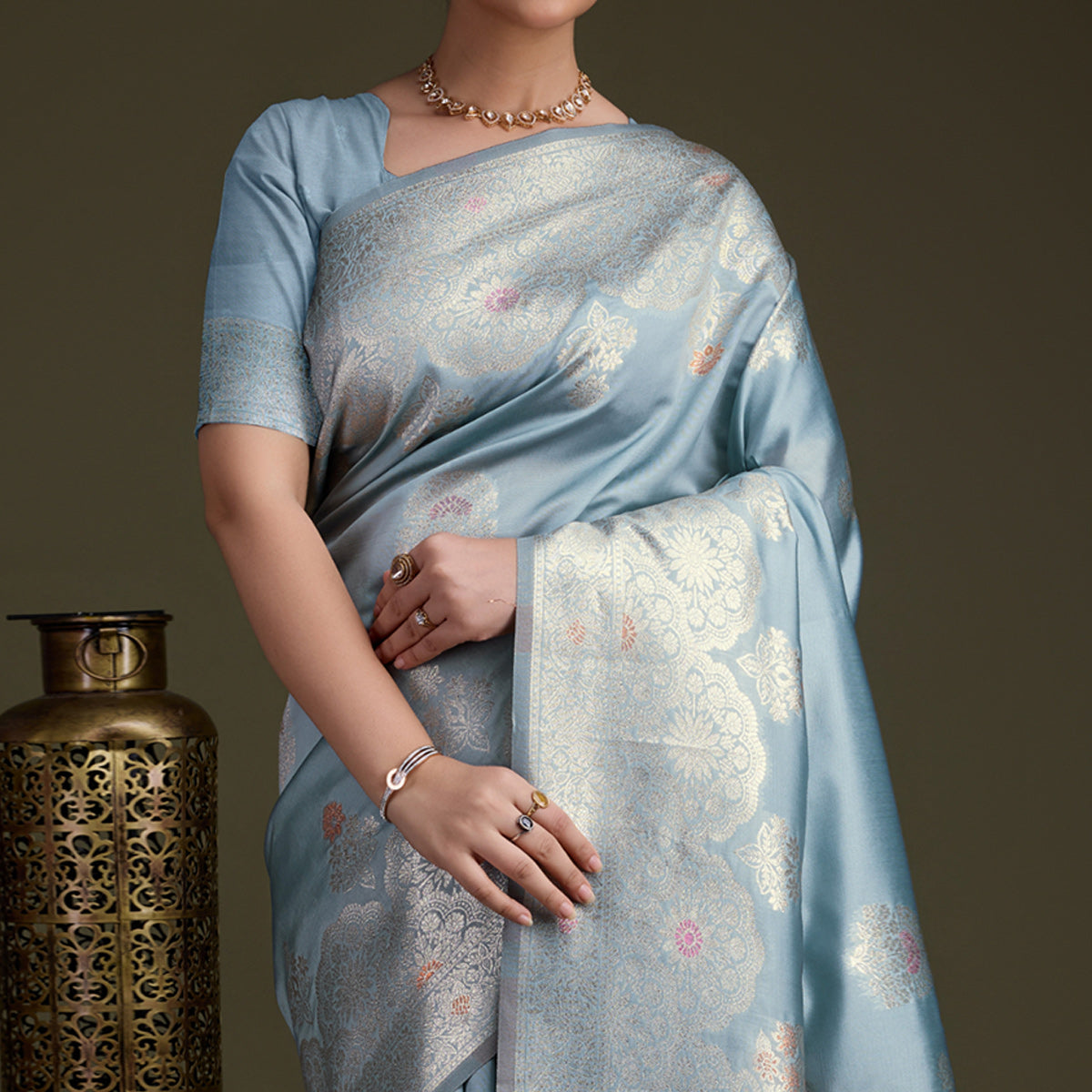 Bluish Grey Floral Design Woven Banarasi Silk Saree