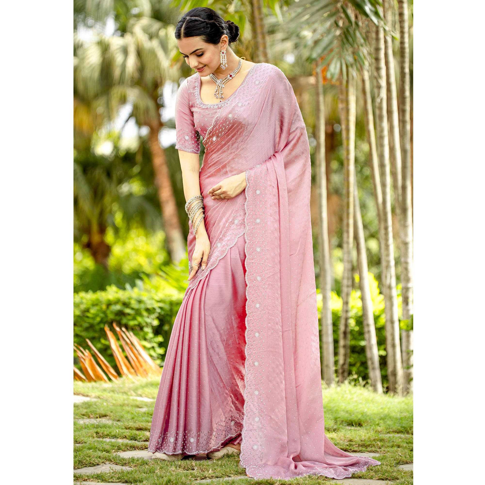 Dusty Pink Embellished Satin Saree With Stones Work