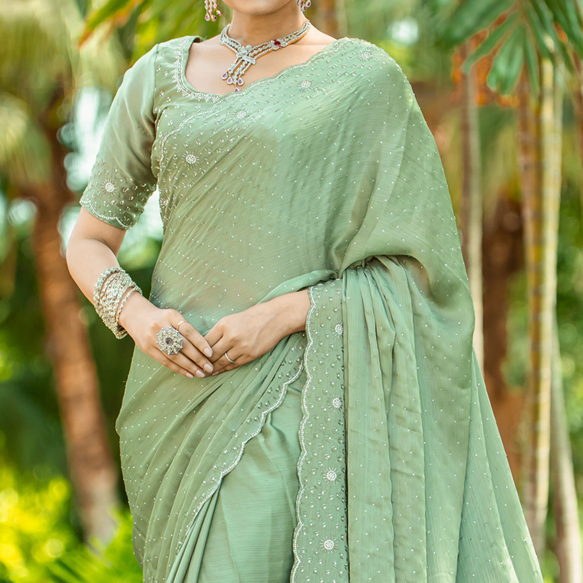 Green Embellished Satin Saree With Stones Work