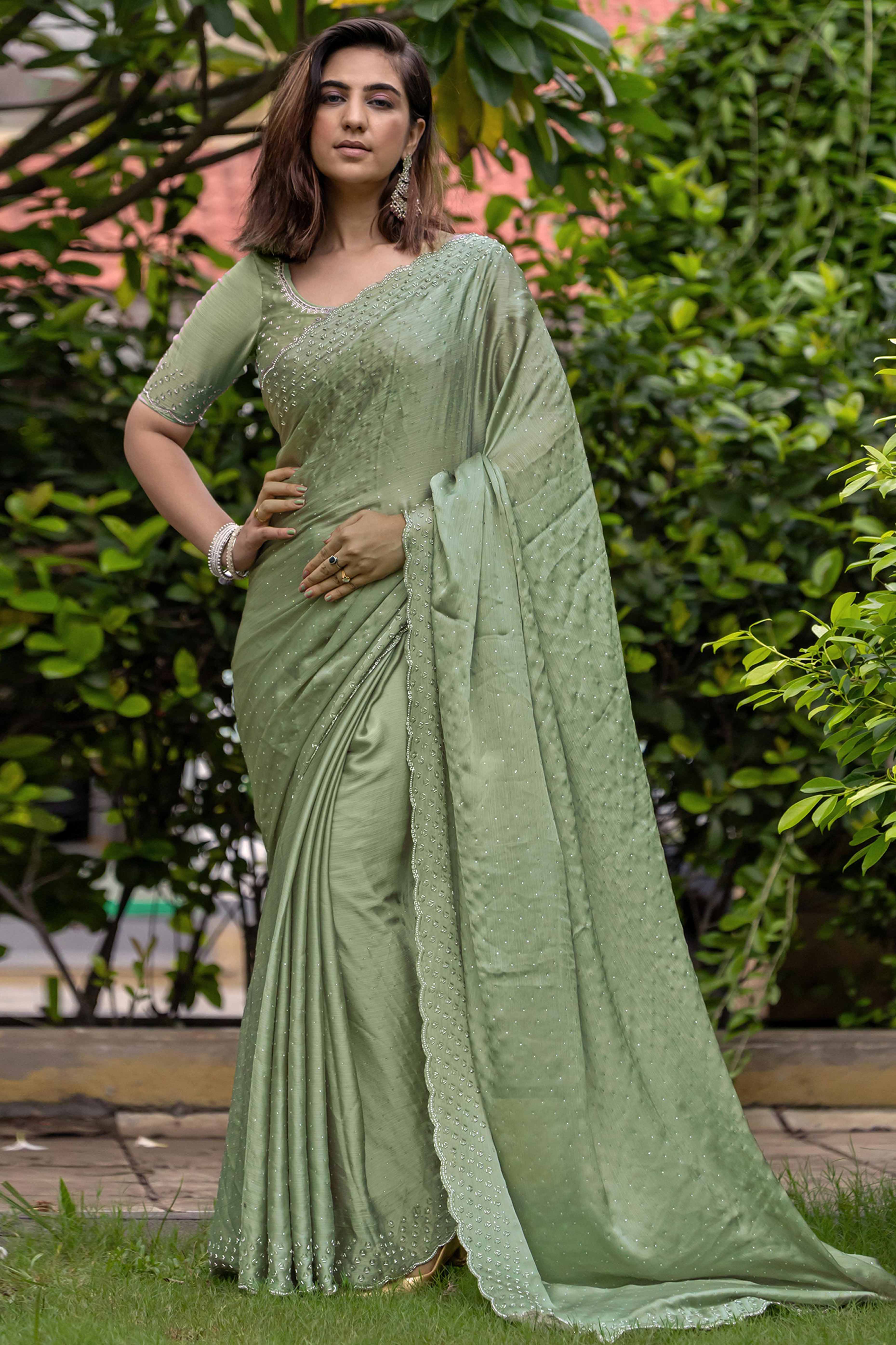 Ethereal Sage Green Satin Chiffon Saree with Handcrafted Sequin & Bead Detailing