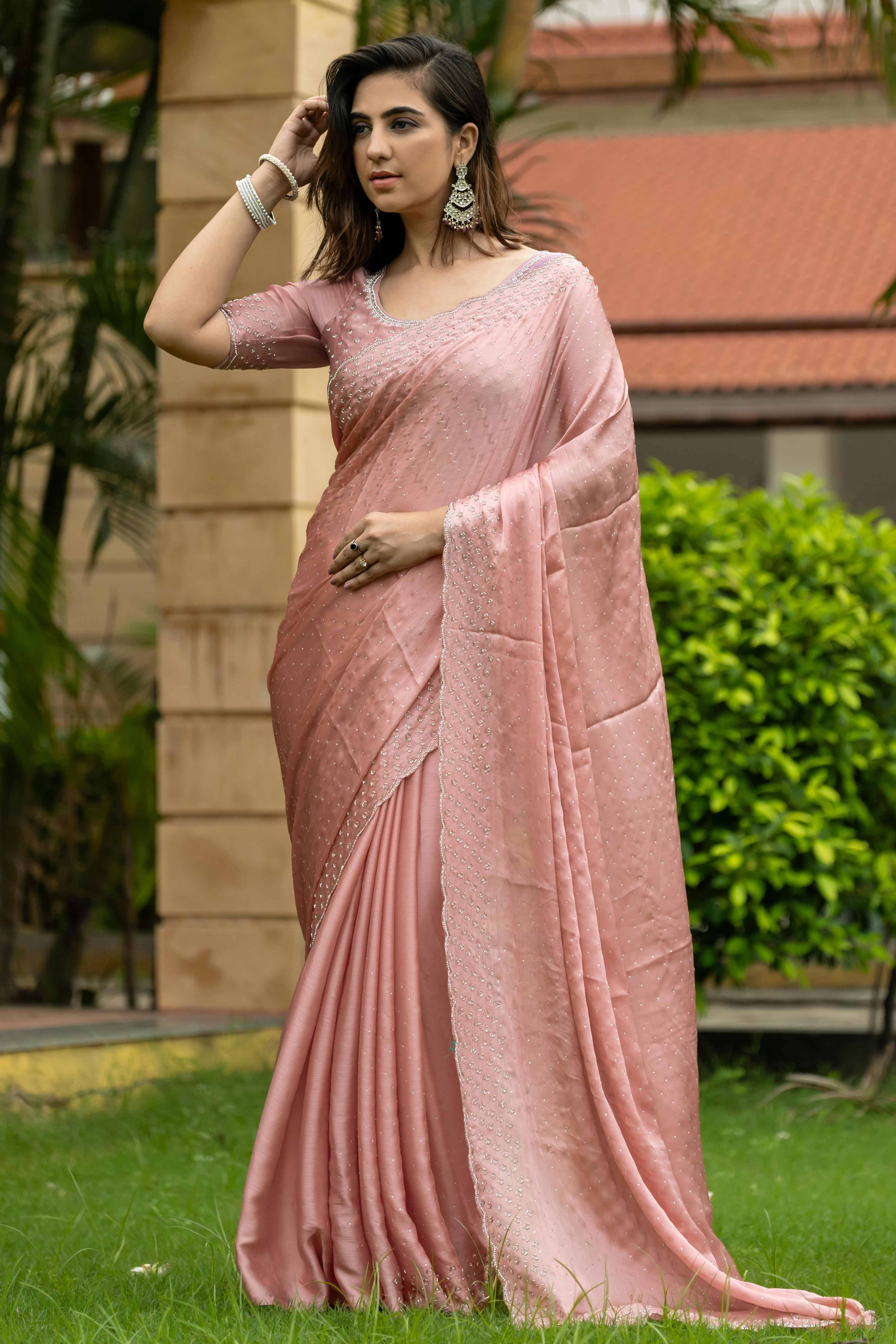 Ethereal Dusty Peach Satin Chiffon Saree with Handcrafted Sequin & Bead Detailing