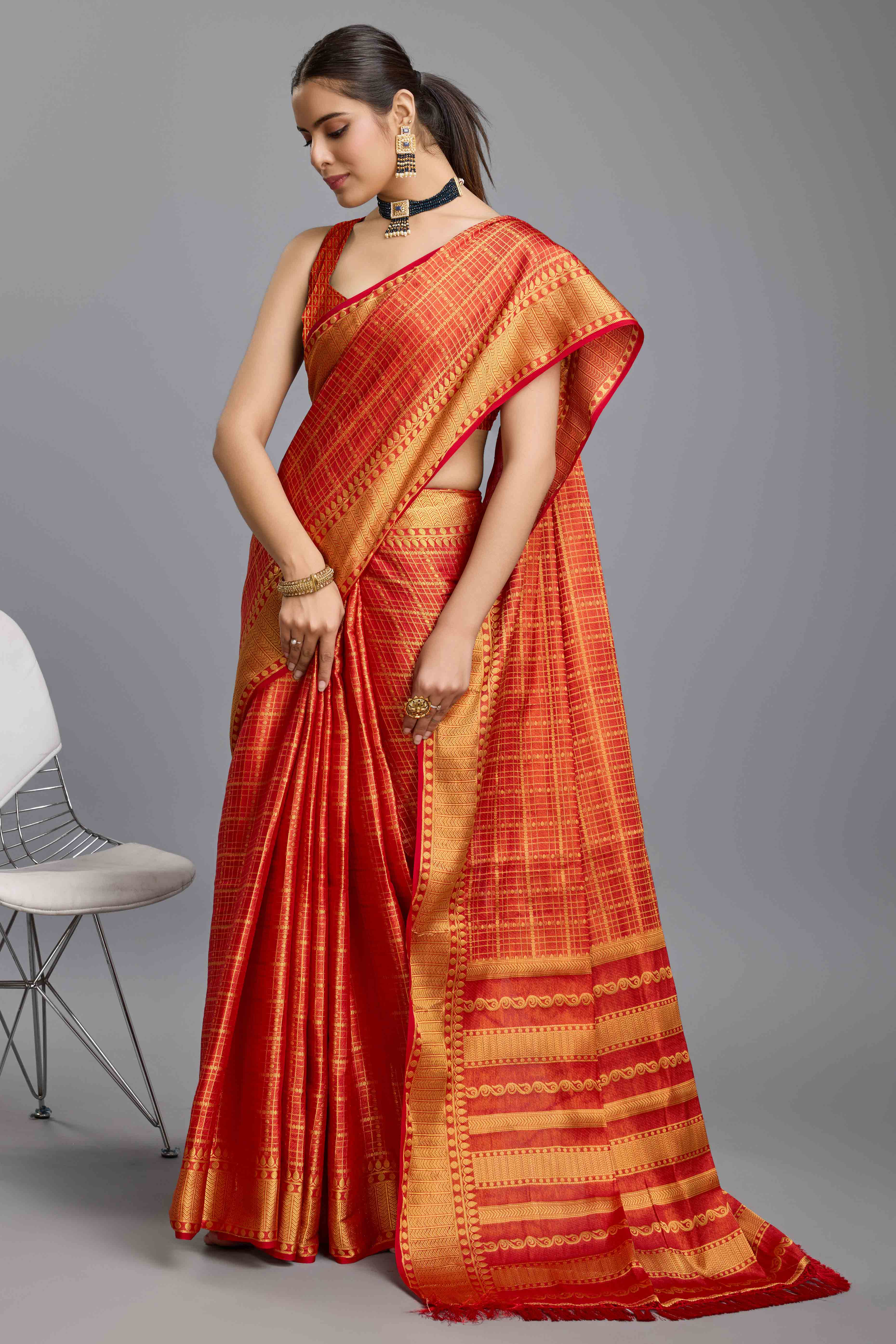 Red Brocade Zari Weaving Mysore Silk Saree