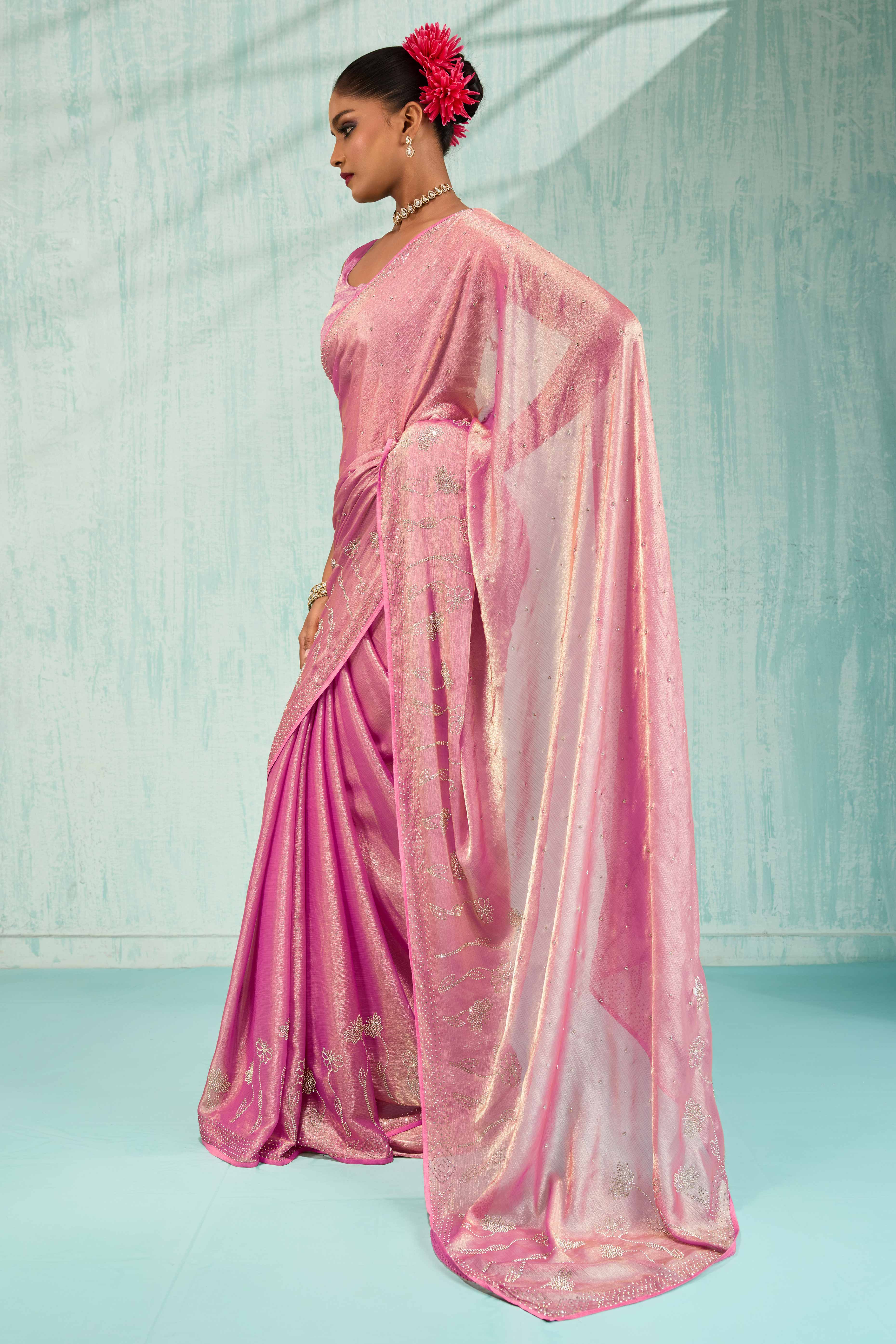 Elegant Party Wear Saree in Pink Chiffon with Stone Embellishment