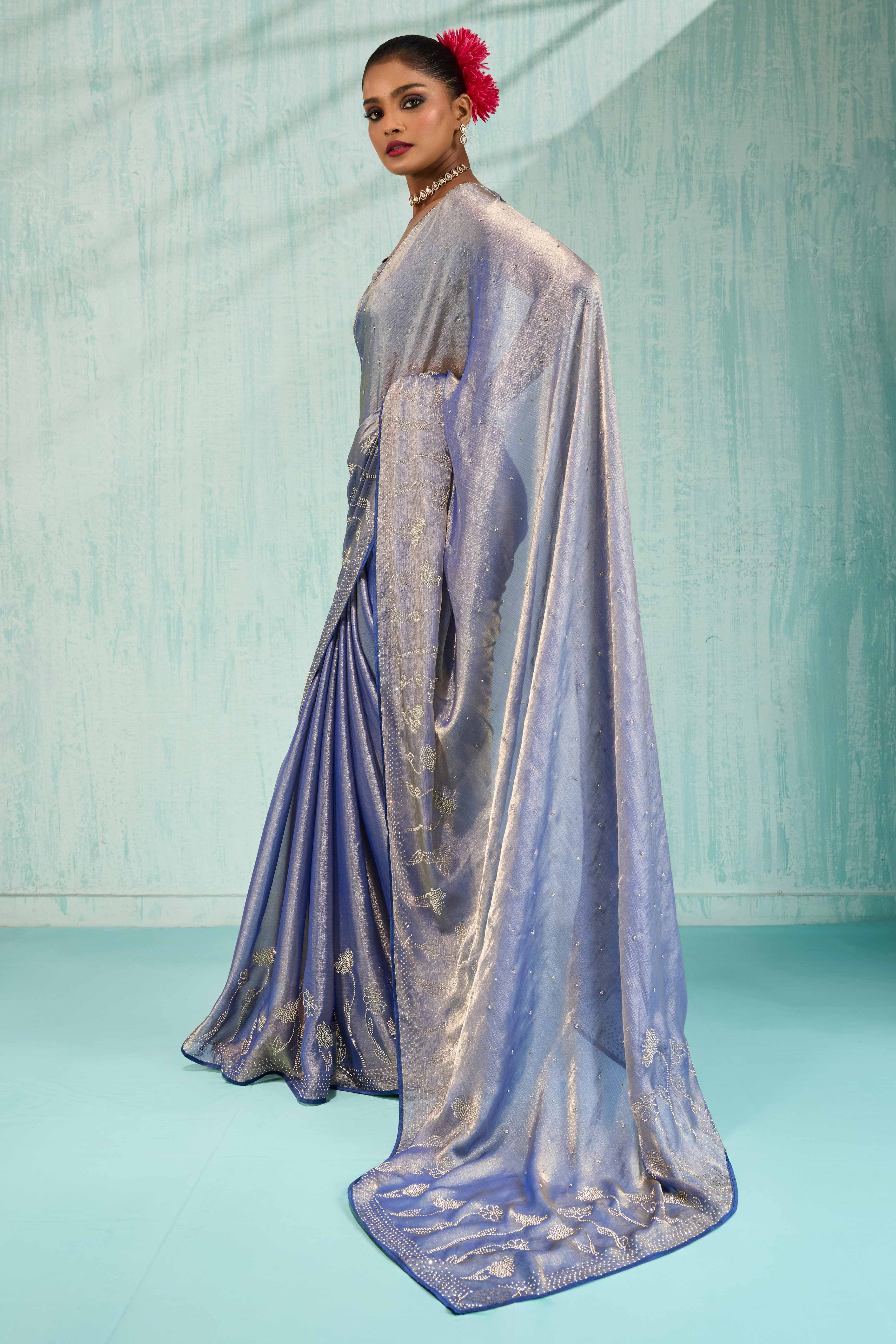 Elegant Party Wear Saree in Lavender Chiffon with Stone Embellishment