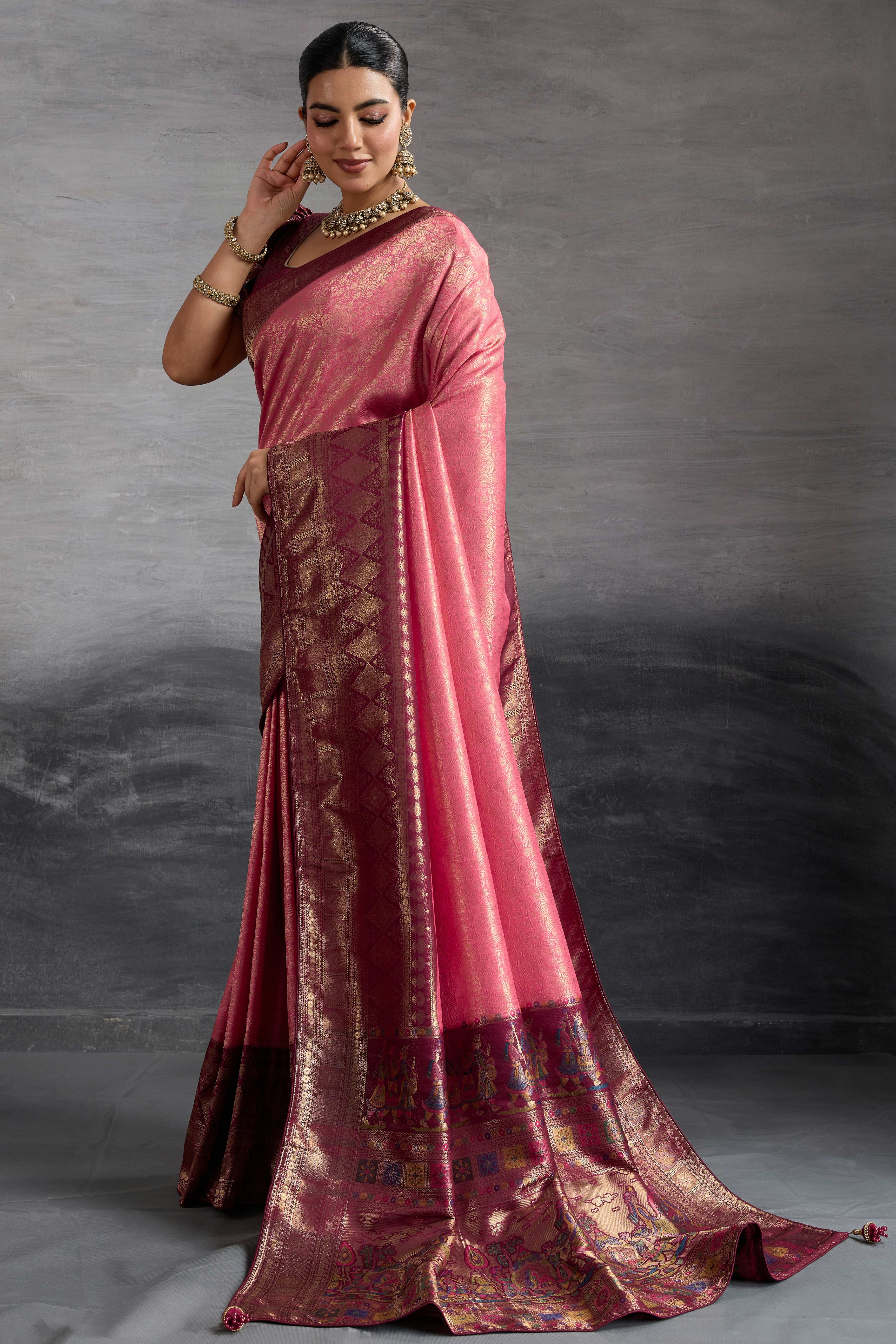 Pink Silk Kanjivaram Silk Saree Enhanced With Meenakari Weaving Borders