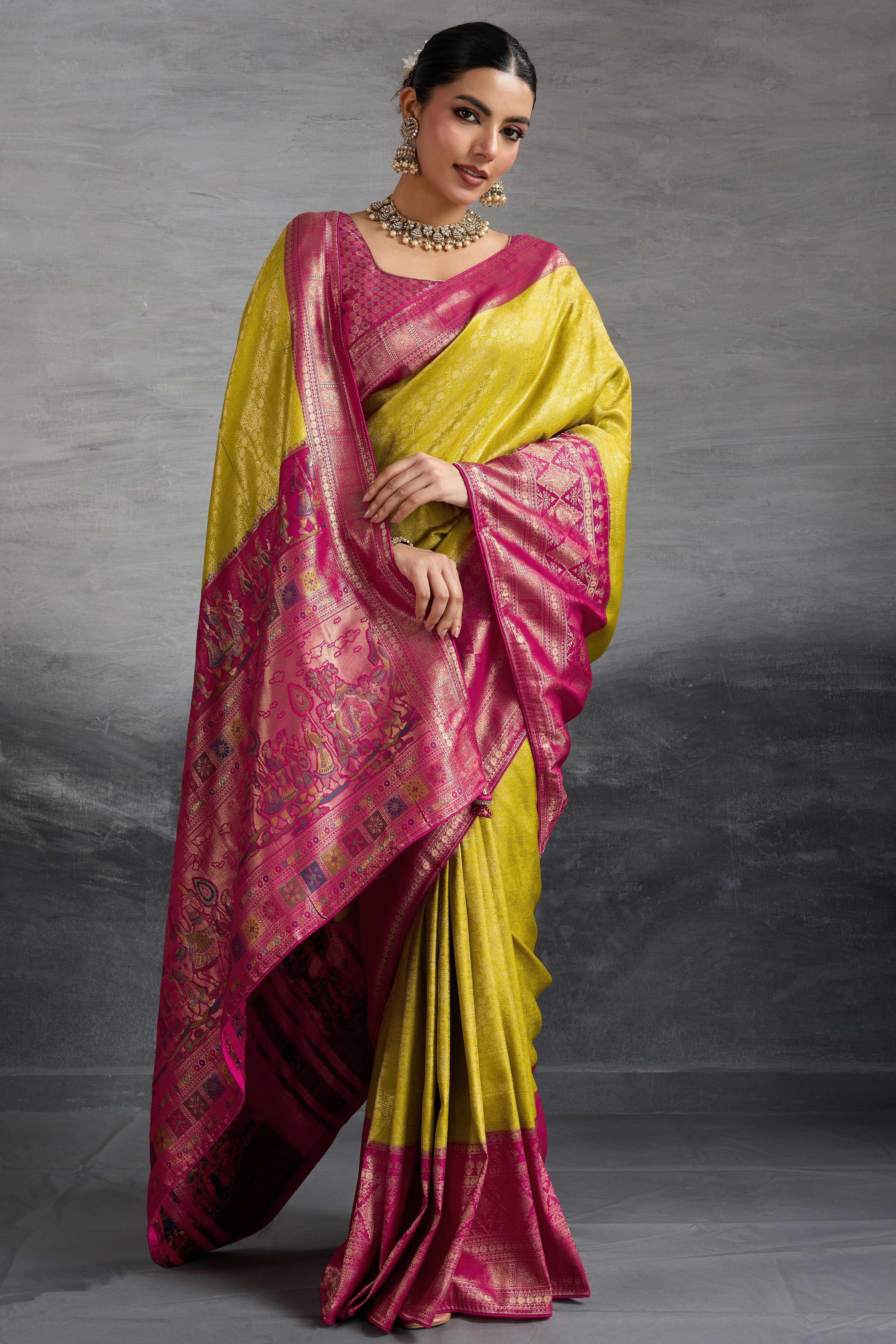 Lime Yellow Silk Kanjivaram Silk Saree Enhanced With Meenakari Weaving Borders