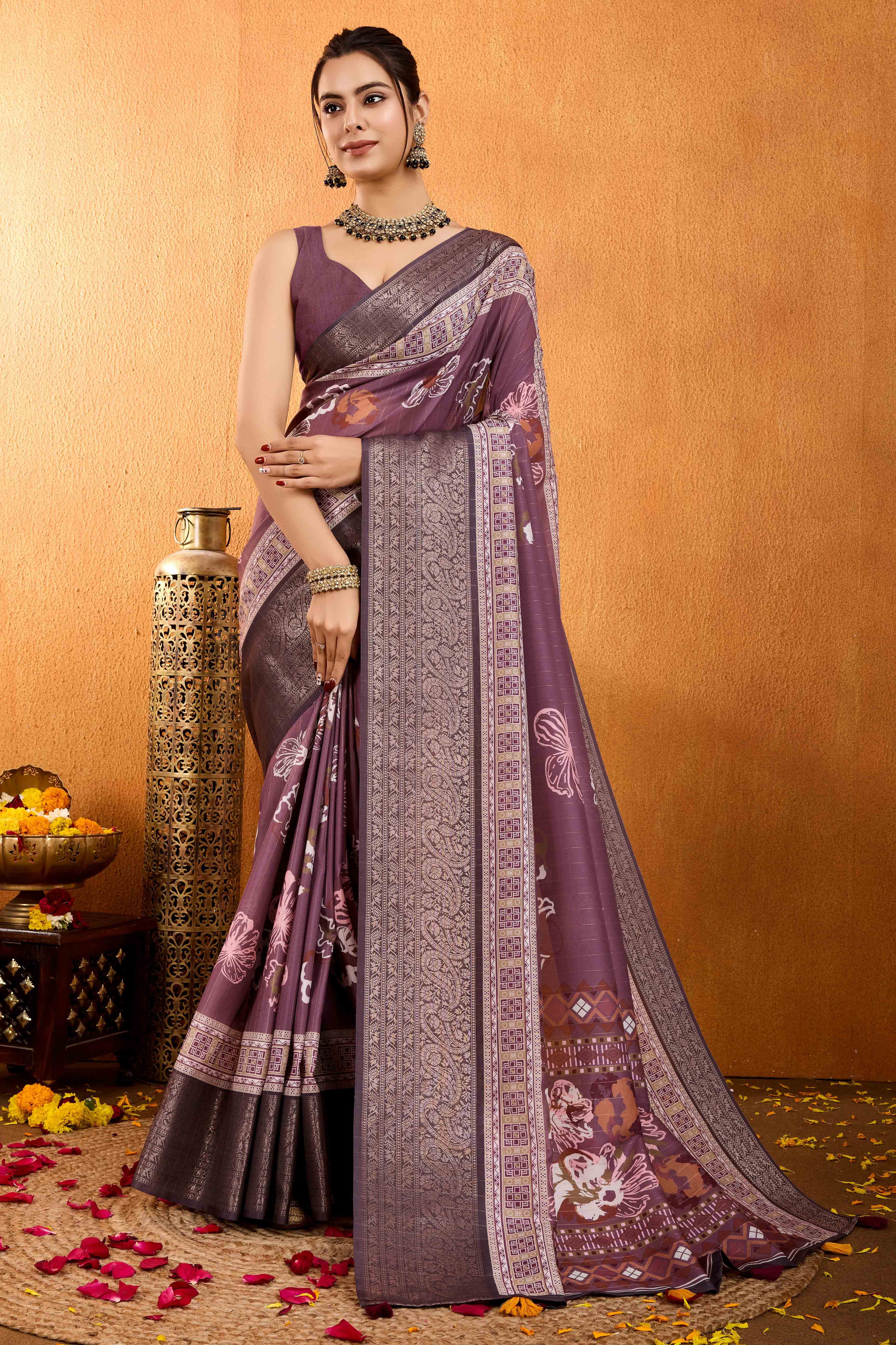 Dark Mauve Floral Printed Crepe Saree With Rich Zari Border