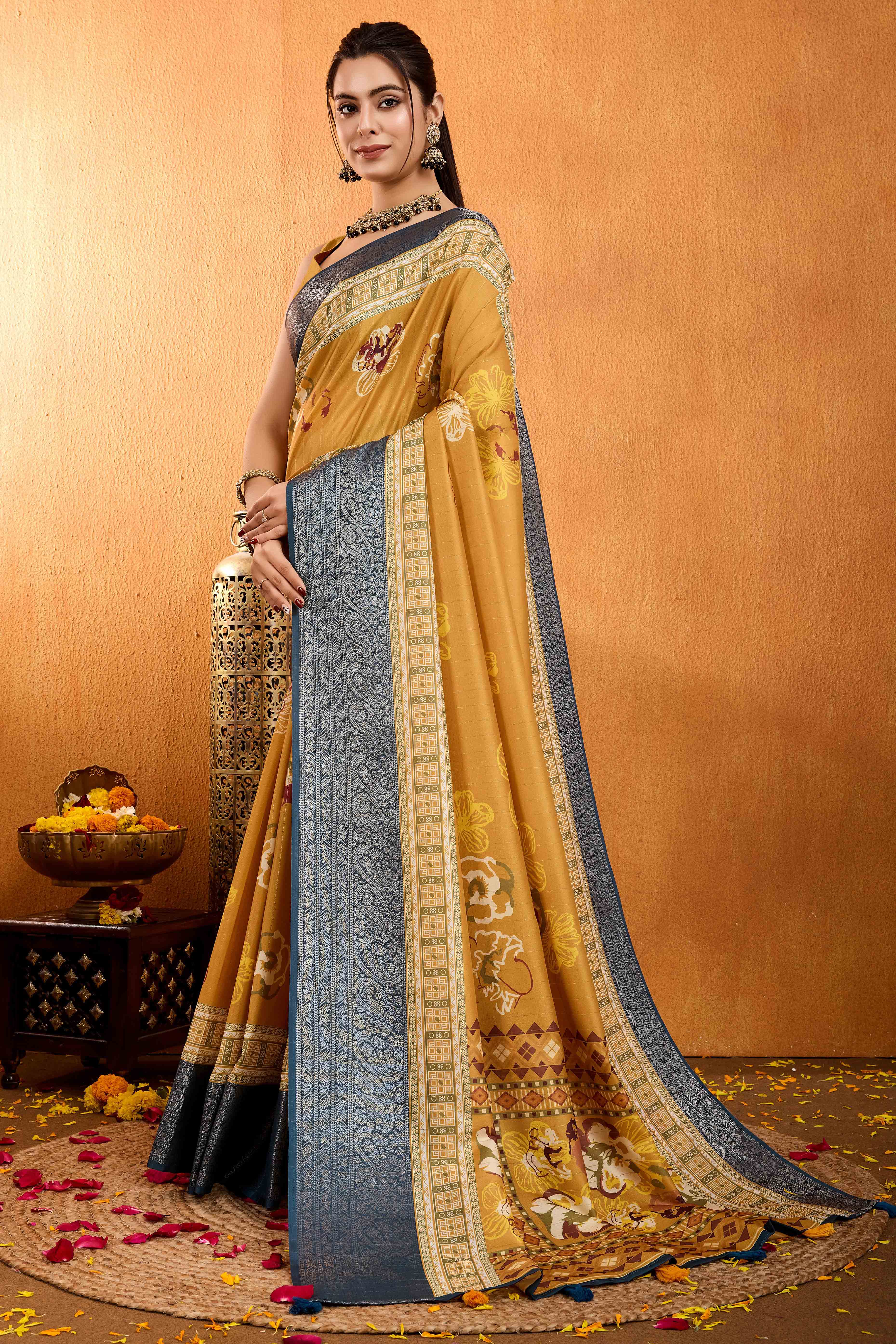 Mustard Floral Printed Crepe Saree With Rich Zari Border