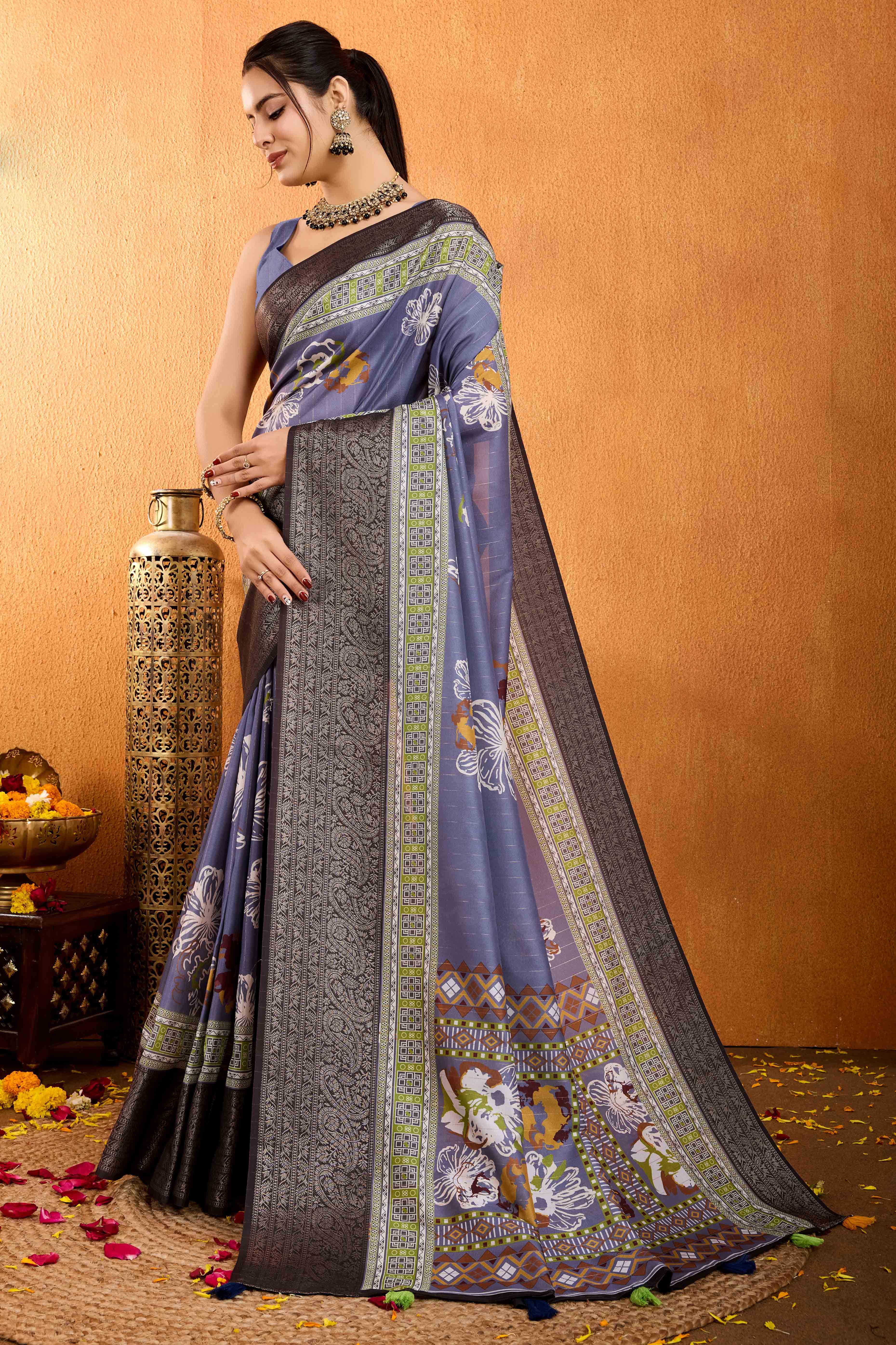 Lavender Floral Printed Crepe Saree With Rich Zari Border