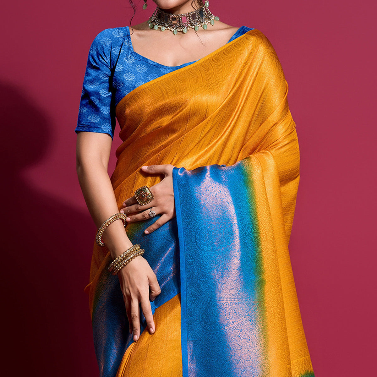 Yellow & Blue Woven Kanjivaram Silk Saree With Tassels